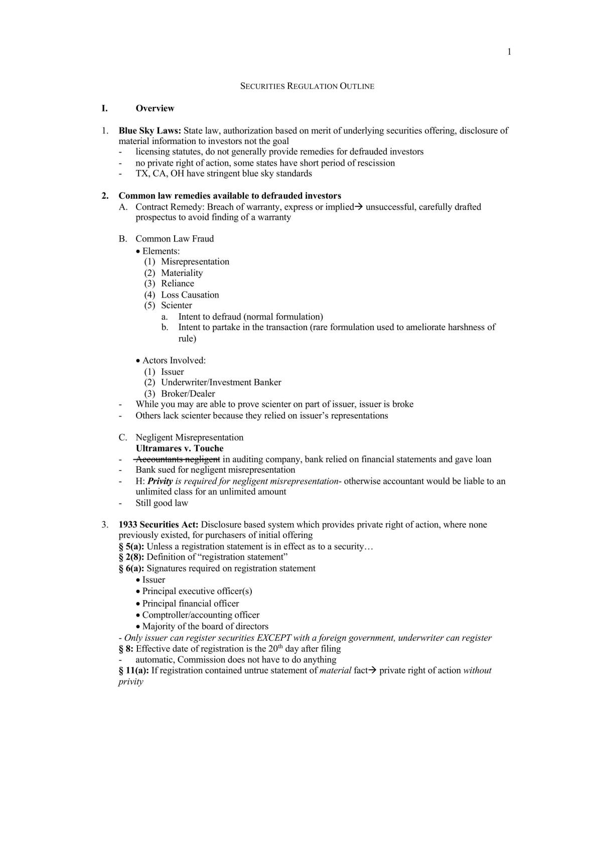 Securities Regulation Exam Outline - Page 1