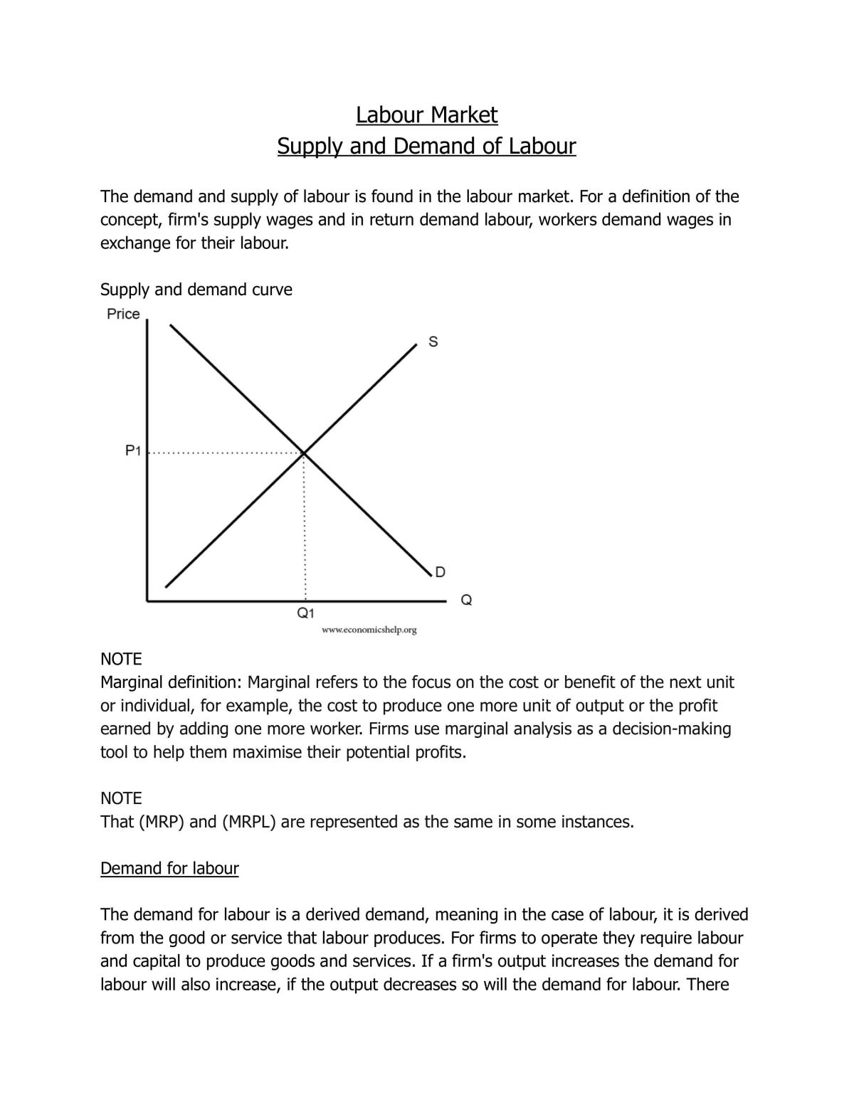 The Labour Market. Supply and Demand of Labour - Page 1