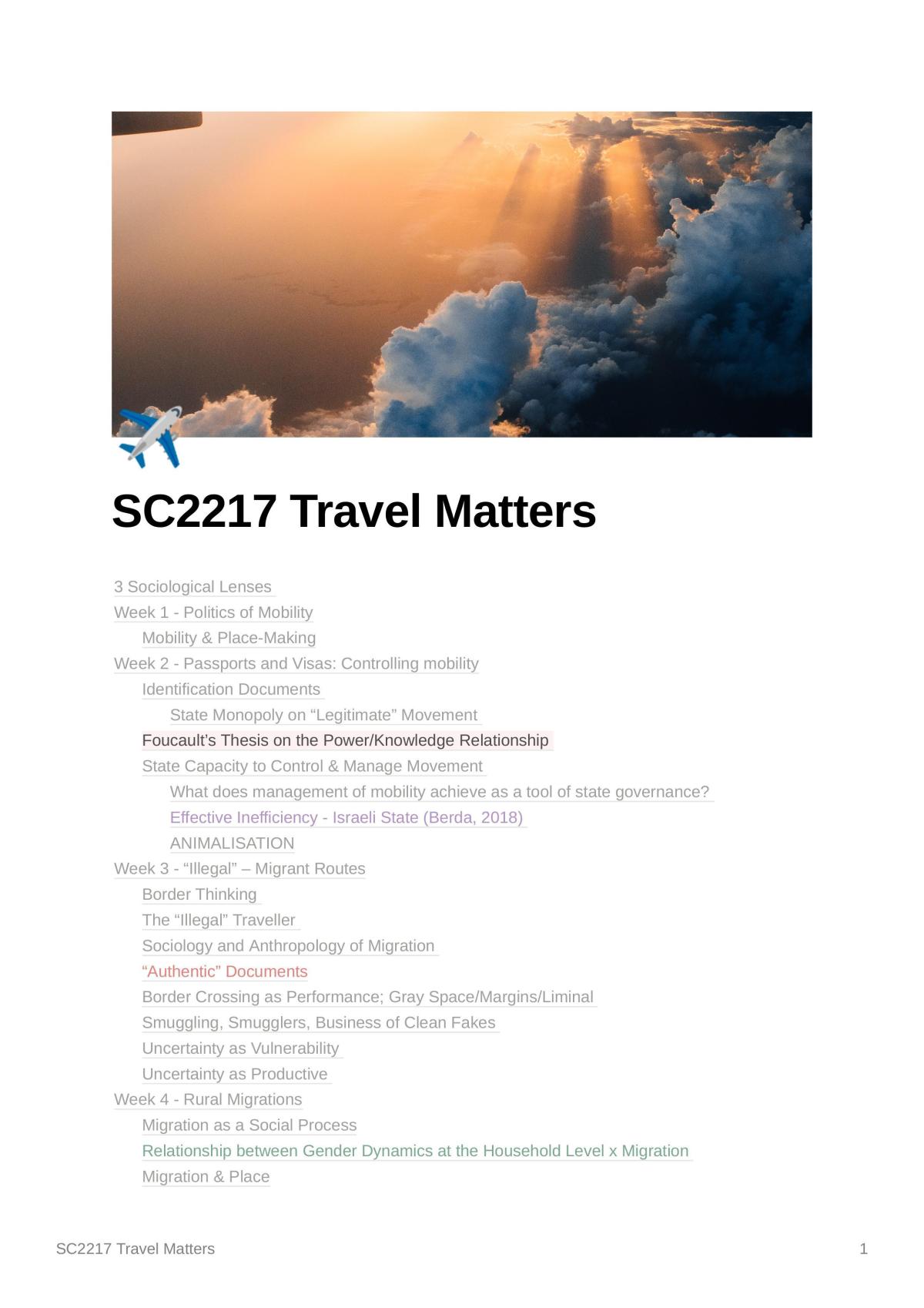 Complete Study Notes of SC2217 - Sociology of Tourism  - Page 1
