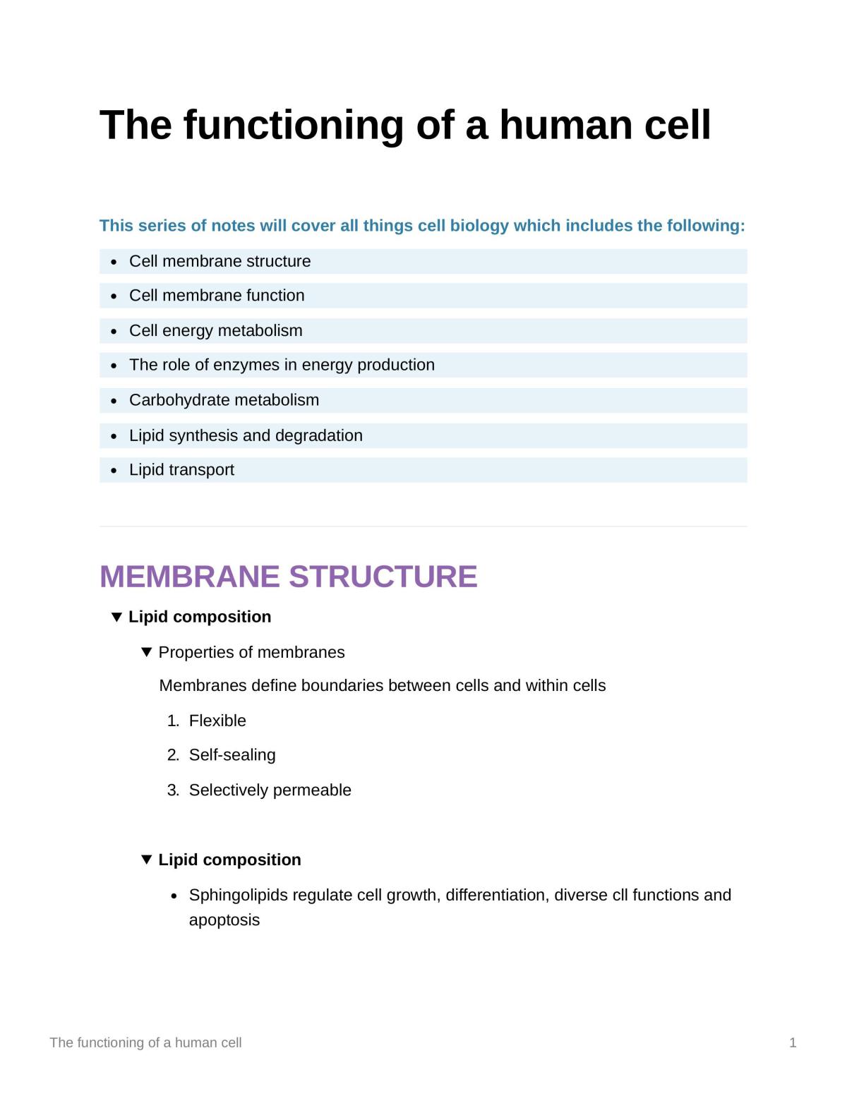 The functioning of a human cell  - Page 1