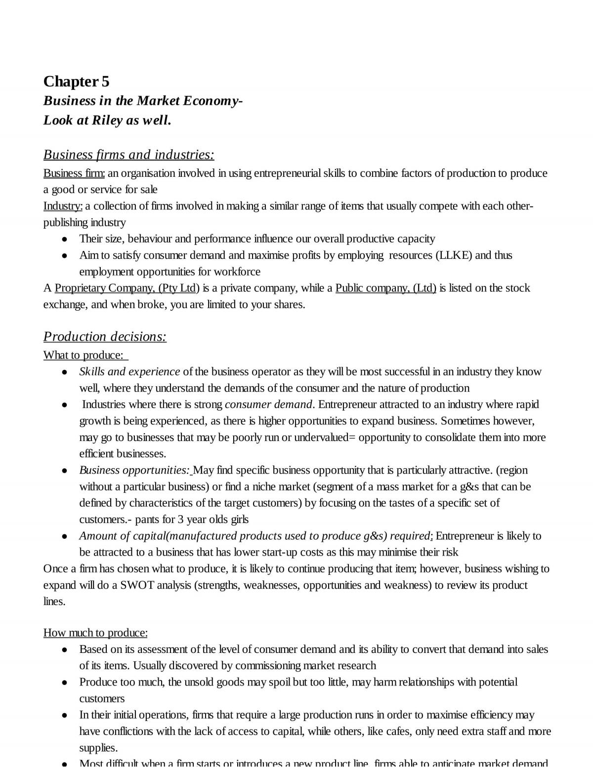 Economics Chapter 5 Notes ( Year 11) - Page 1