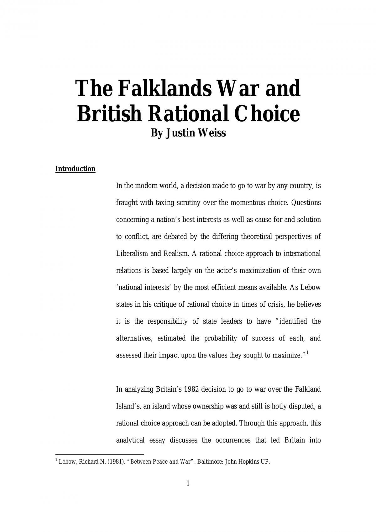 40% Assignment - Falklands War And British Rational Choice. - Page 1