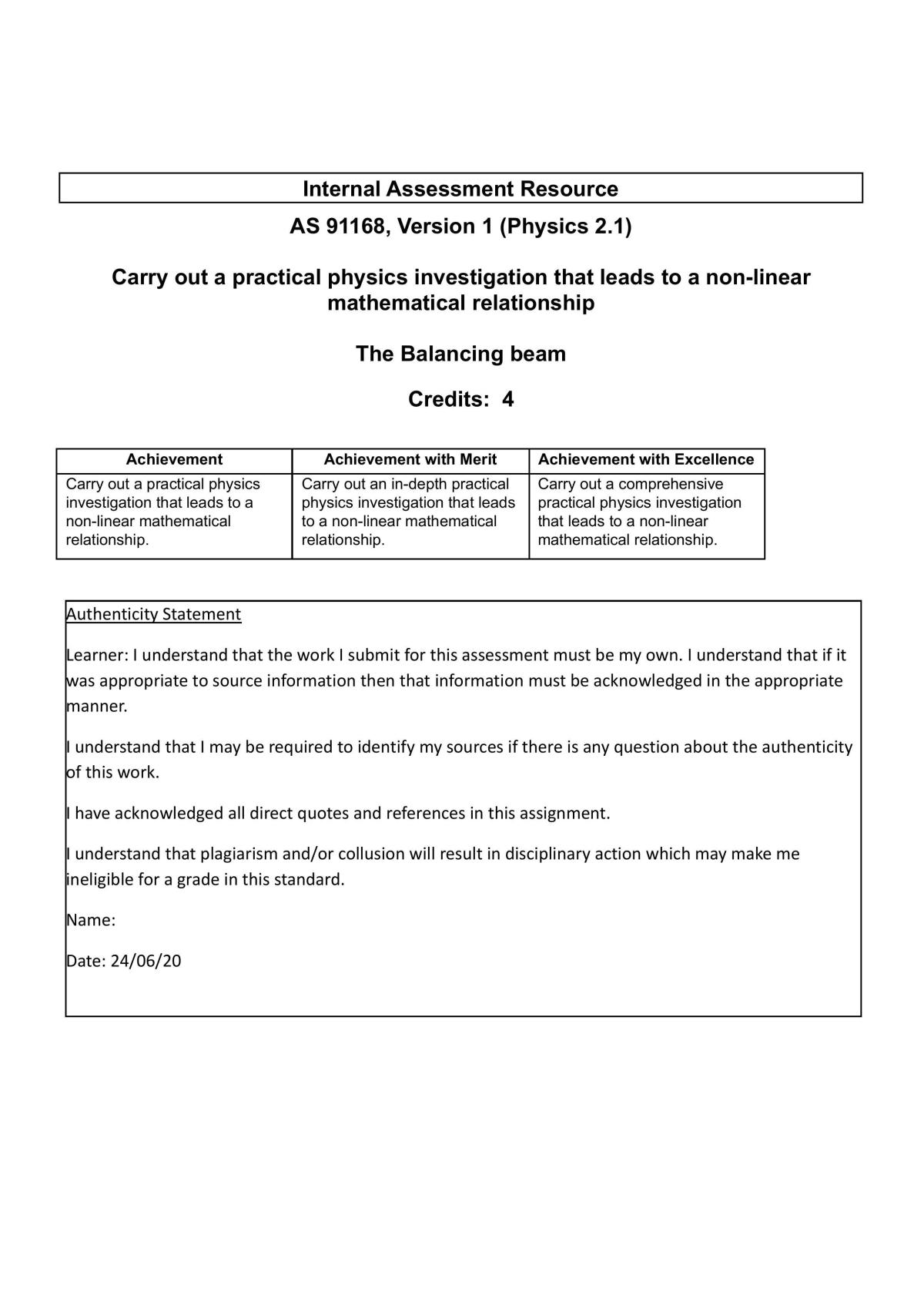 AS 91168, Version 1 (Physics 2.1) Balance Beam Experiment - Page 1