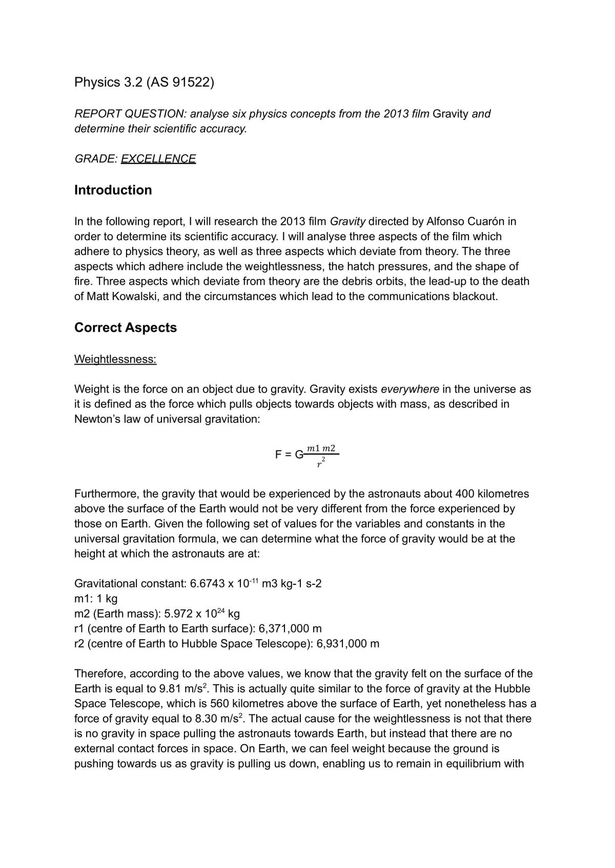 Report discussing physics concepts in the 2013 film Gravity - Page 1