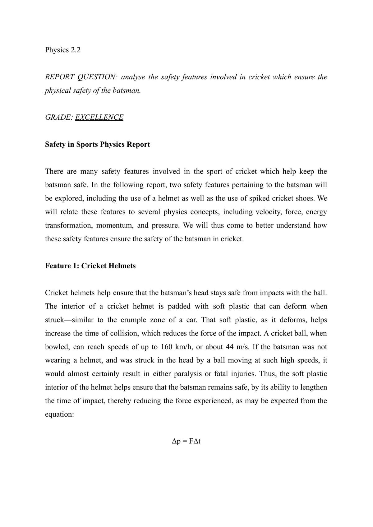 Report discussing the safety features in cricket - Page 1