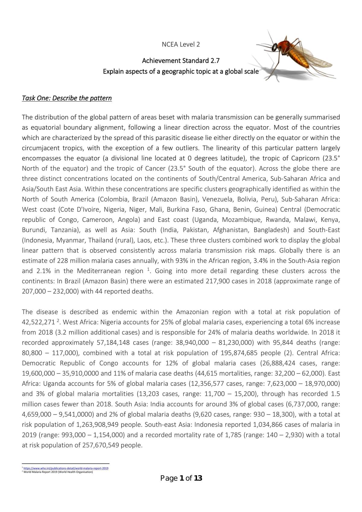 Geography Level 2 AS91246 Global Pattern (Malaria) - Page 1