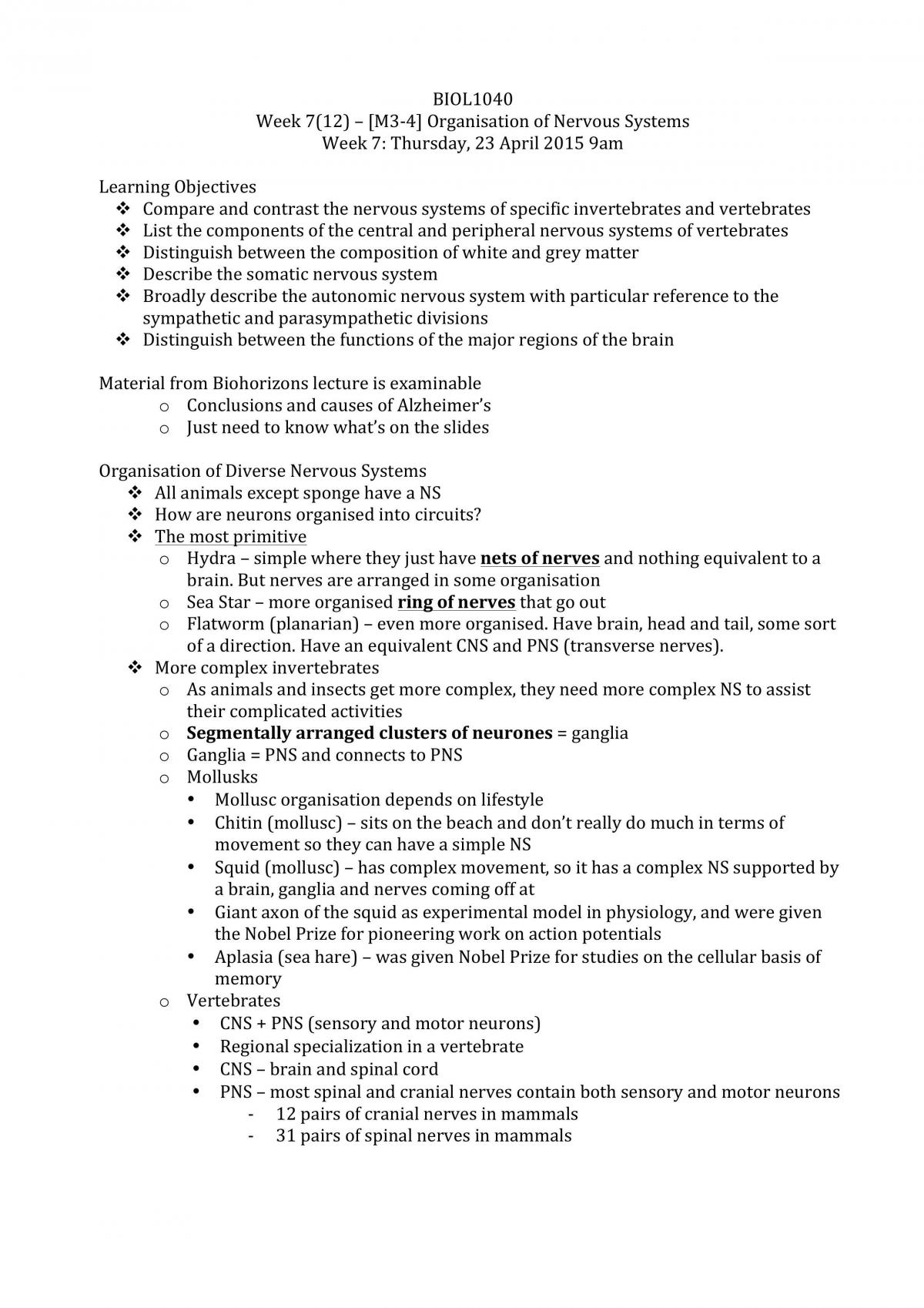 BIOL1040 Cells to Organisms Notes Part II - Page 1