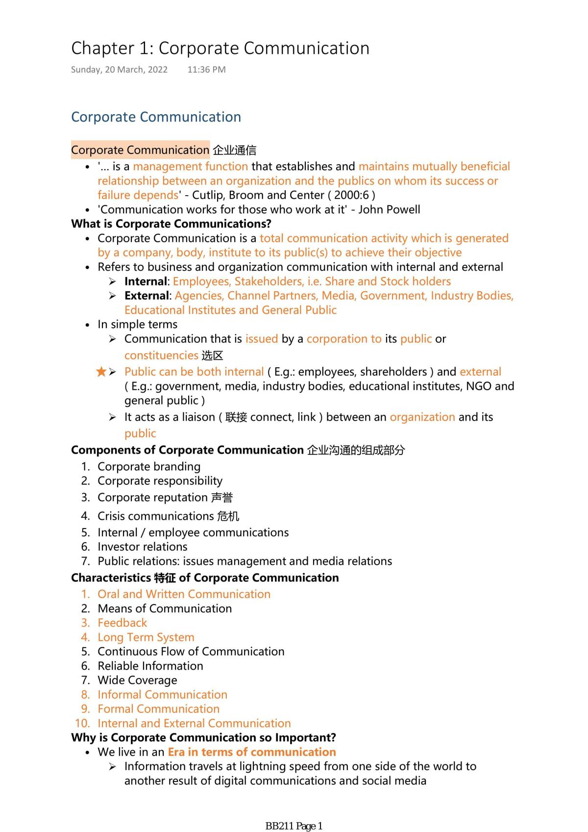 BB 211 - Corporate Communication Study Notes - Page 1