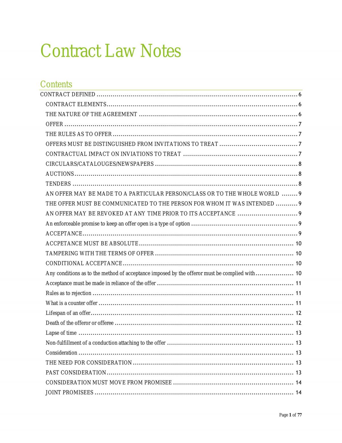 Comprehensive Contract Law Notes - Semester 1 2015 - Page 1