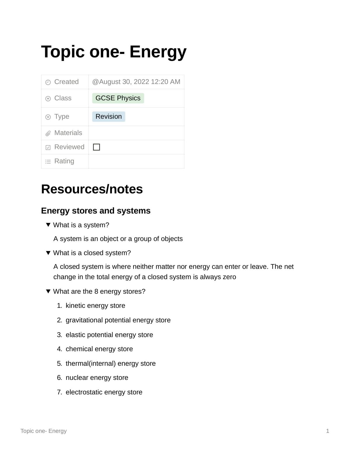 Physics Topic 1 Energy - Page 1