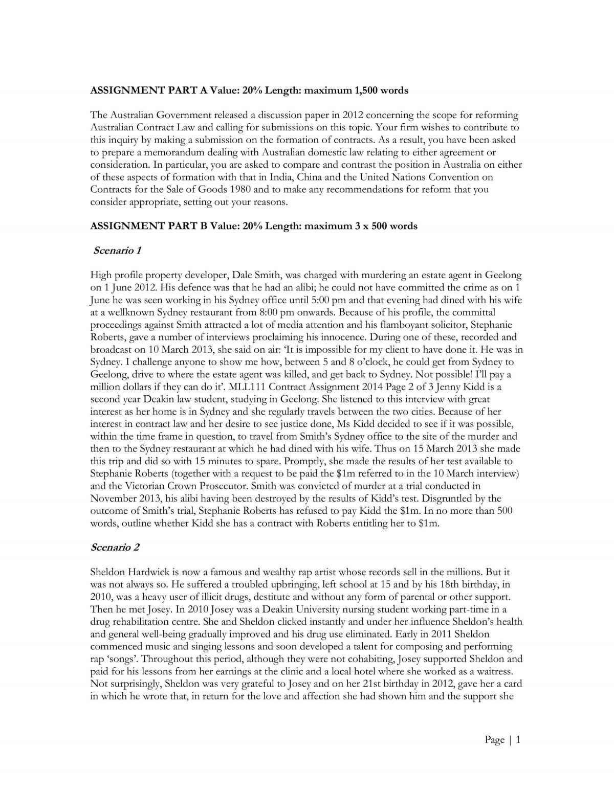 Contract Law Assignment 1 - Part A and B  - Page 1