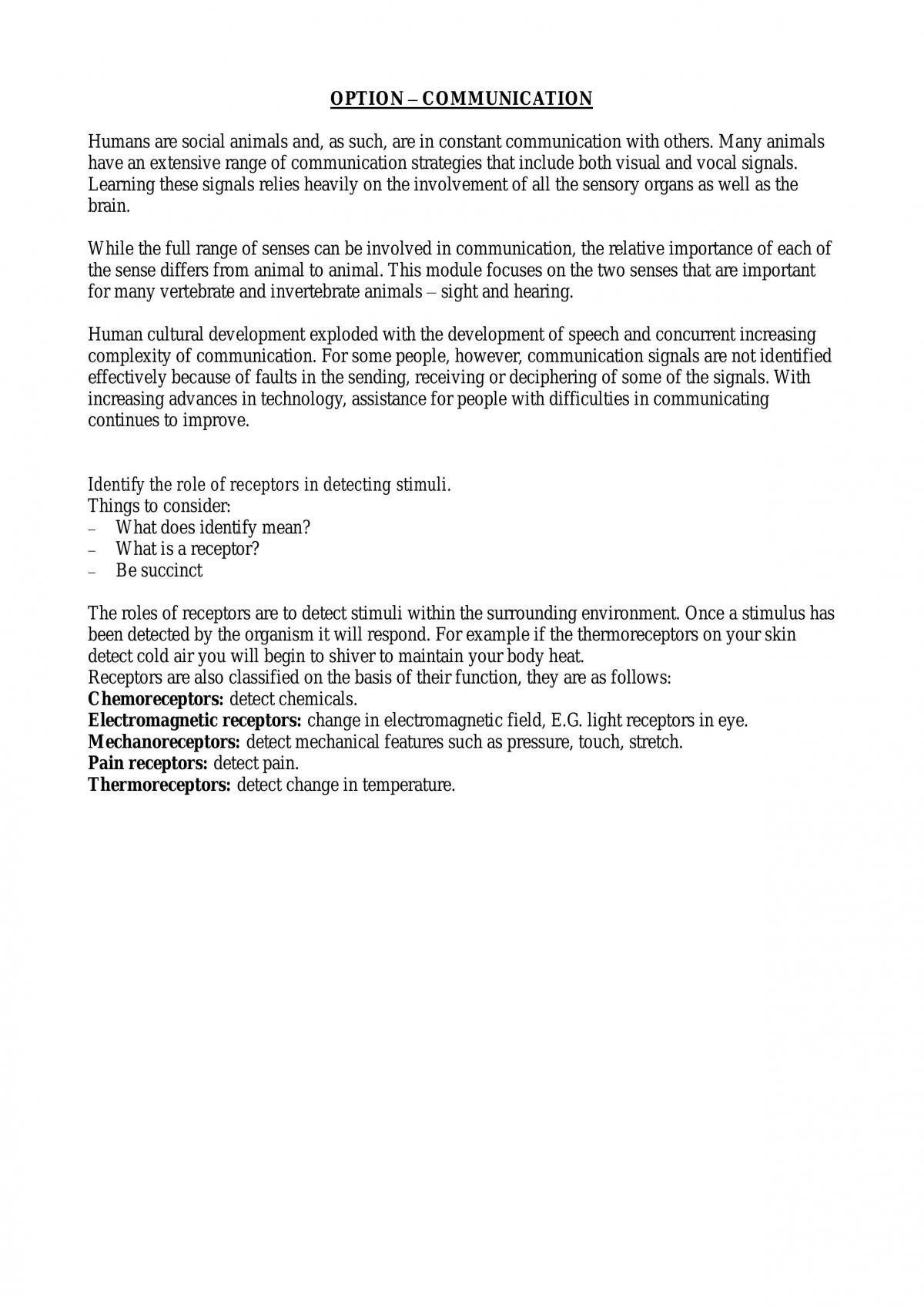 HSC Biolgy Complete Option Communication Notes - Page 1