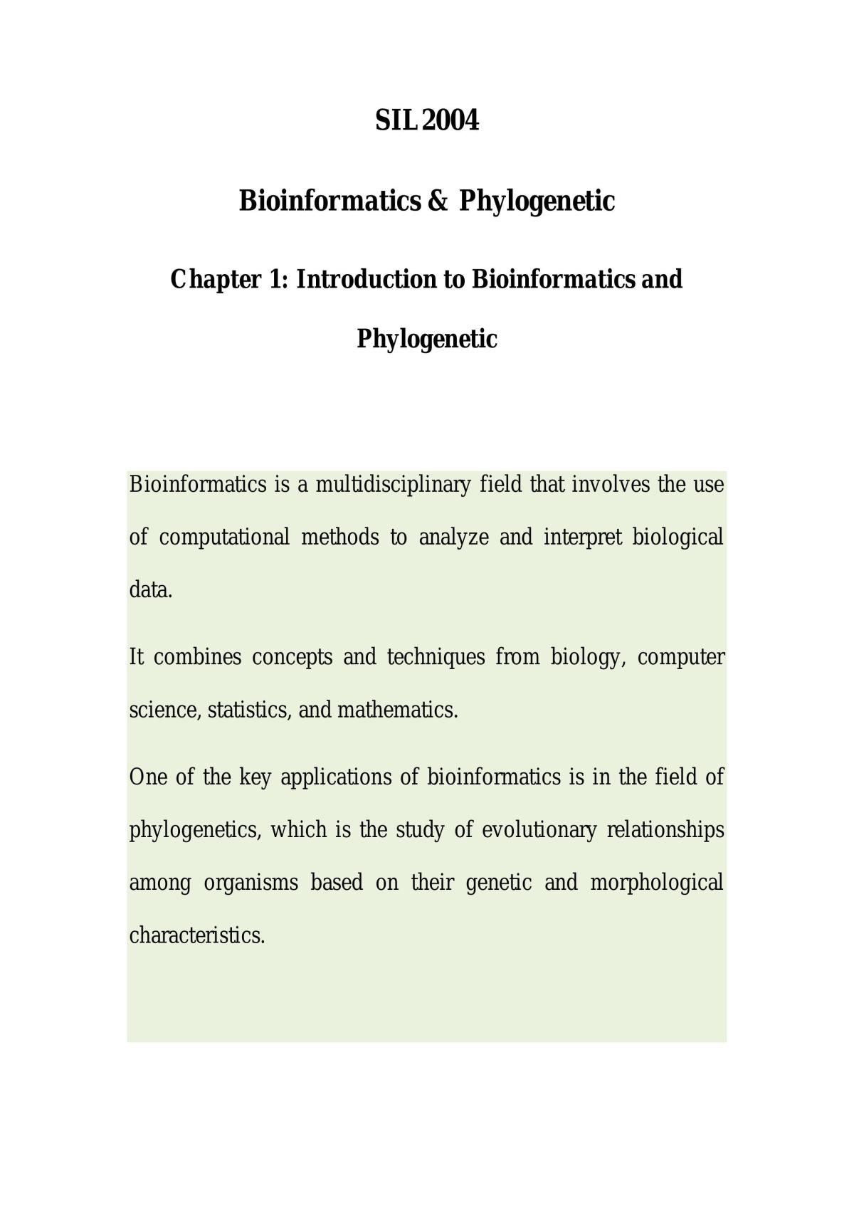 Comprehensive Study Notes on Bioinformatics and Phylogenetics - Page 1
