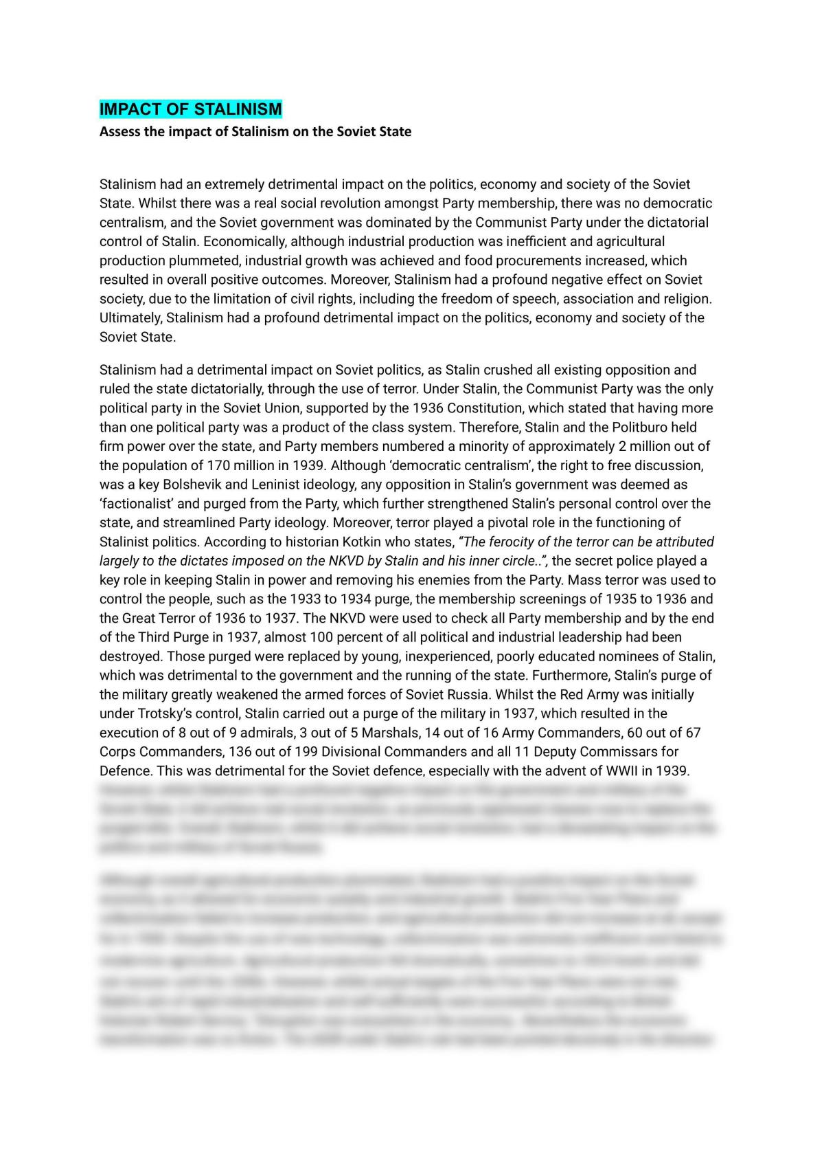 Impact of Stalinism on Soviet State Essay - Page 1