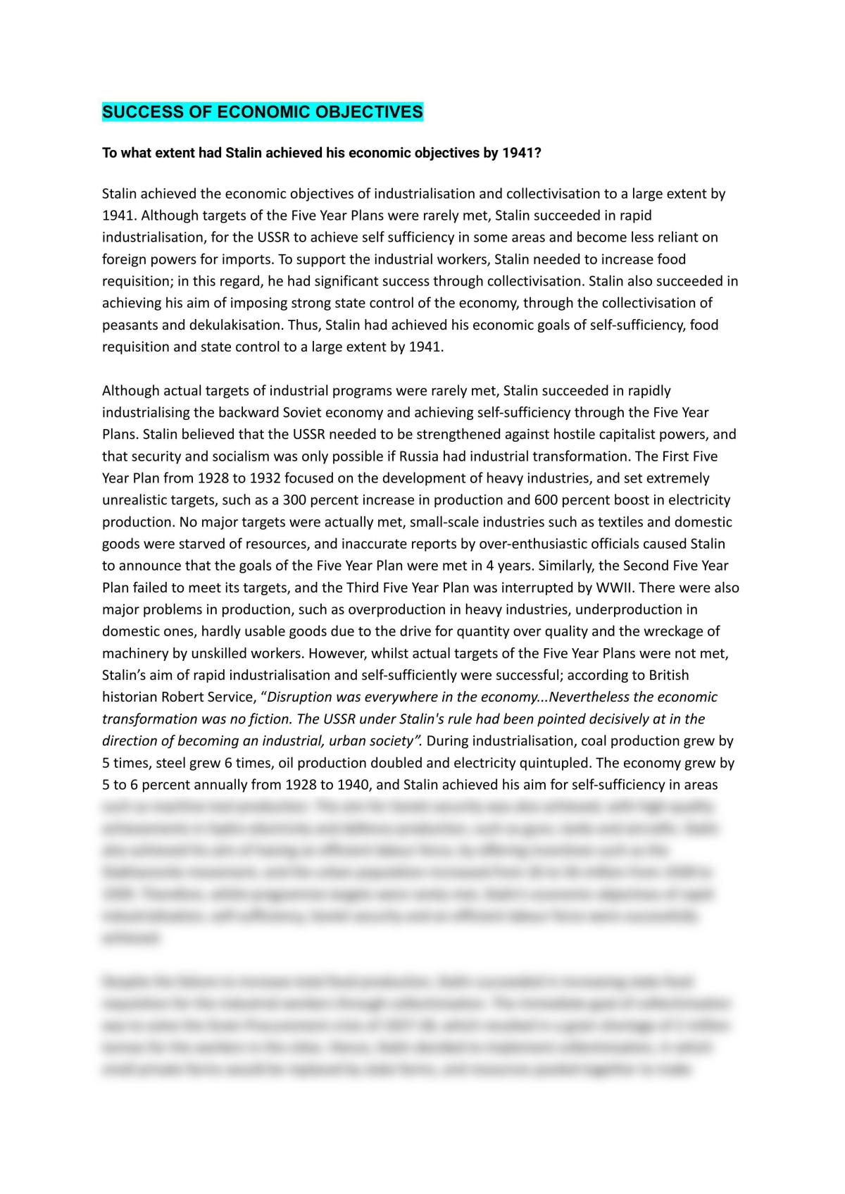 Success of Stalin's Economic Objectives Essay - Page 1