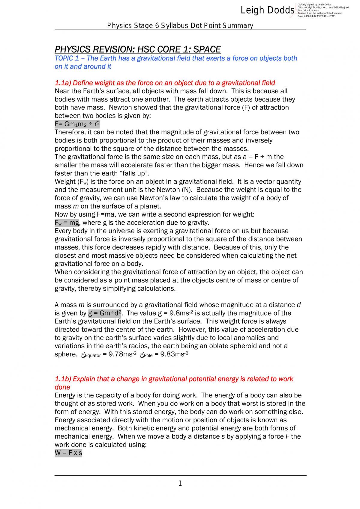HSC Physics Topic 1: Space summary - Page 1