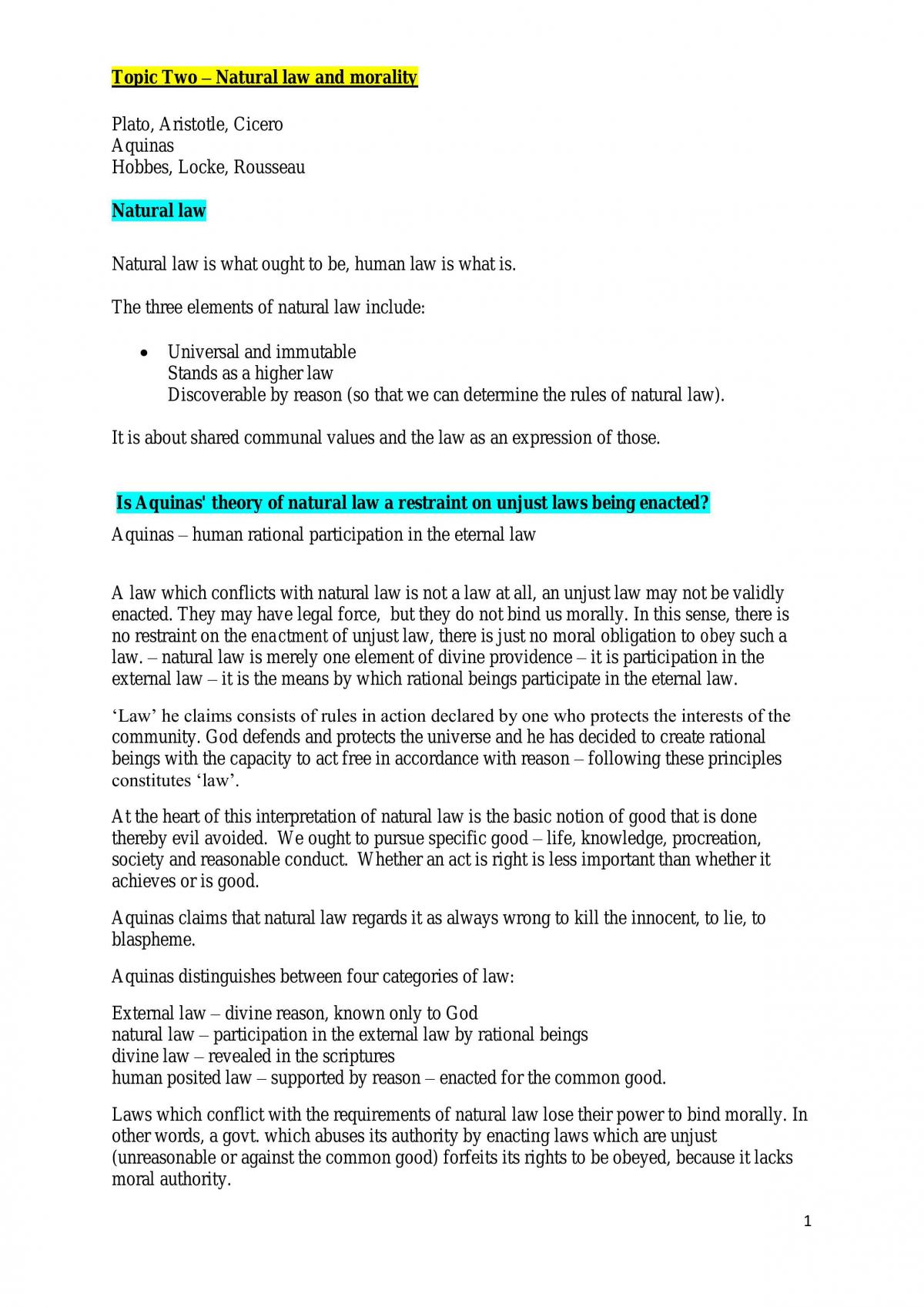 Natural Law and Positivism Study Notes - Page 1