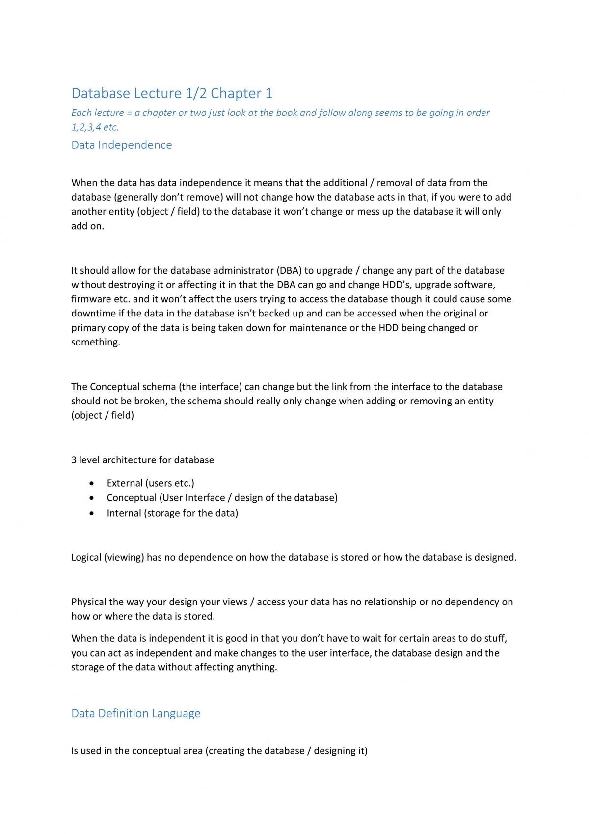 Breakdown of Entire Course and Summary of Notes from Entire Database Design Unit - Page 1