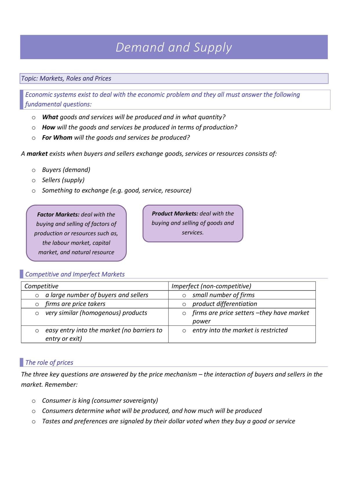 Full Demand and Supply Topic Notes Year 11 Unit 1  - Page 1