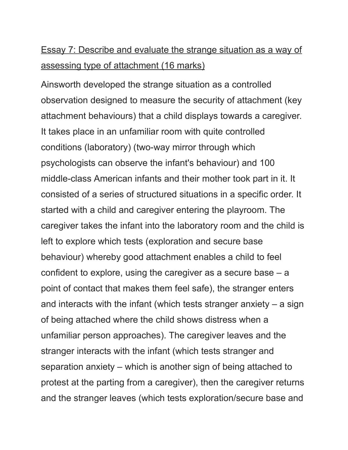 Attachment - Describe and evaluate the strange situation as a way of assessing type of infant attachment to the caregiver - Page 1