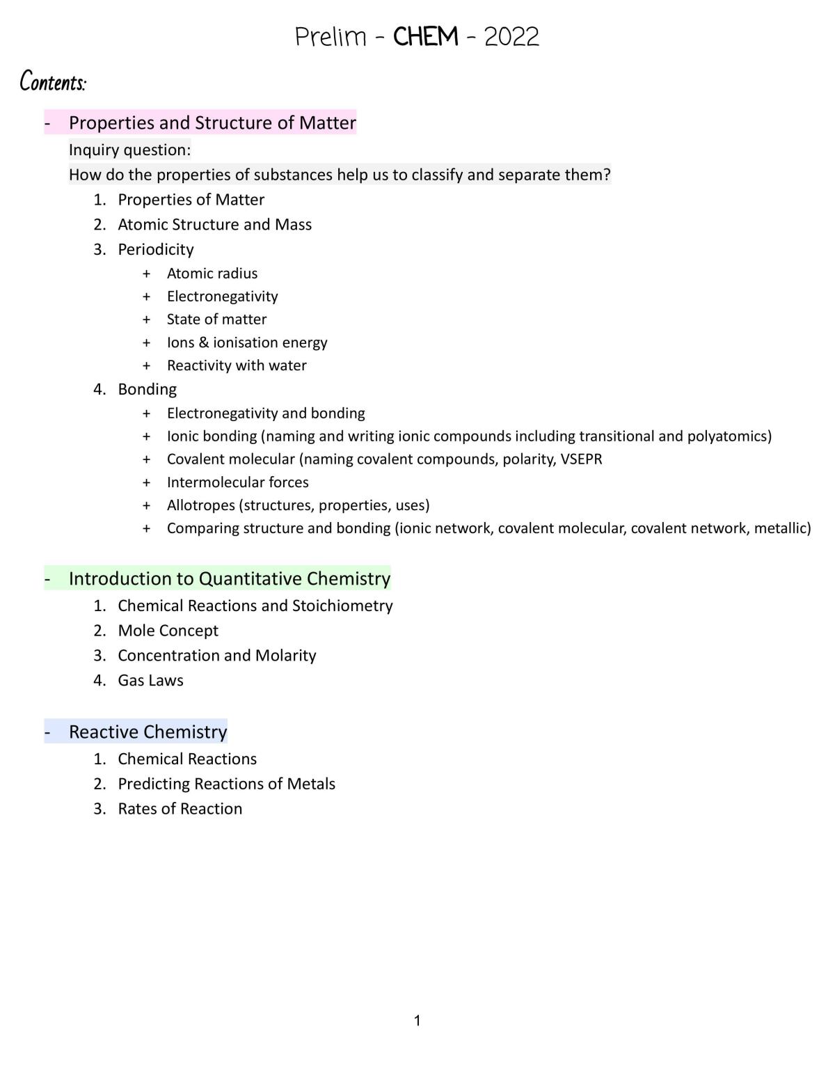 Prelim Chemistry Study Notes - Page 1