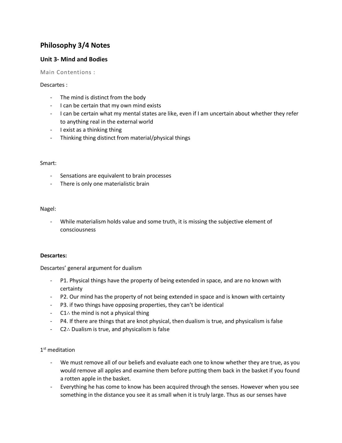 Philosophy unit 3/4 summary notes  - Page 1