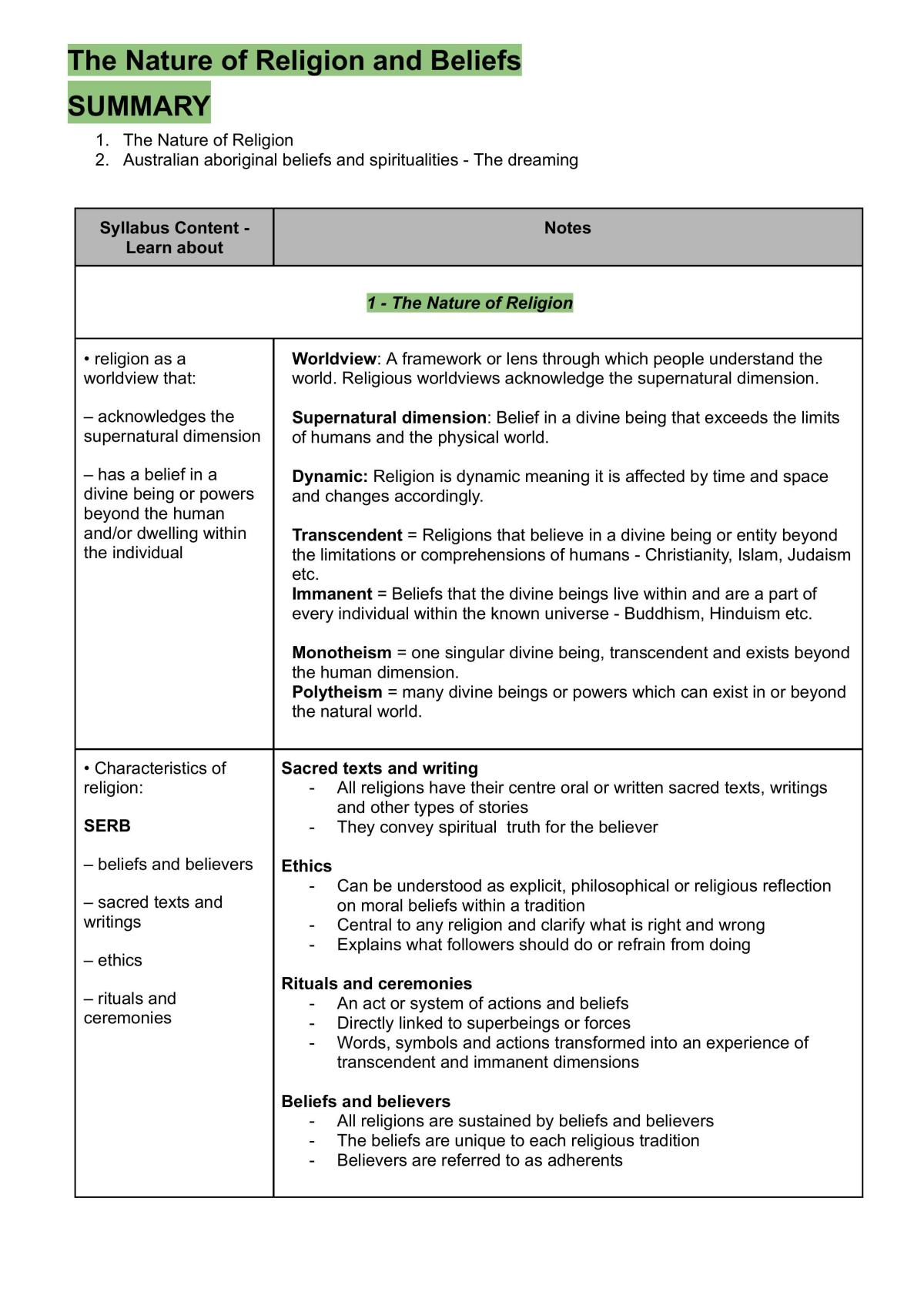The nature of religion and beliefs - summary notes - Page 1