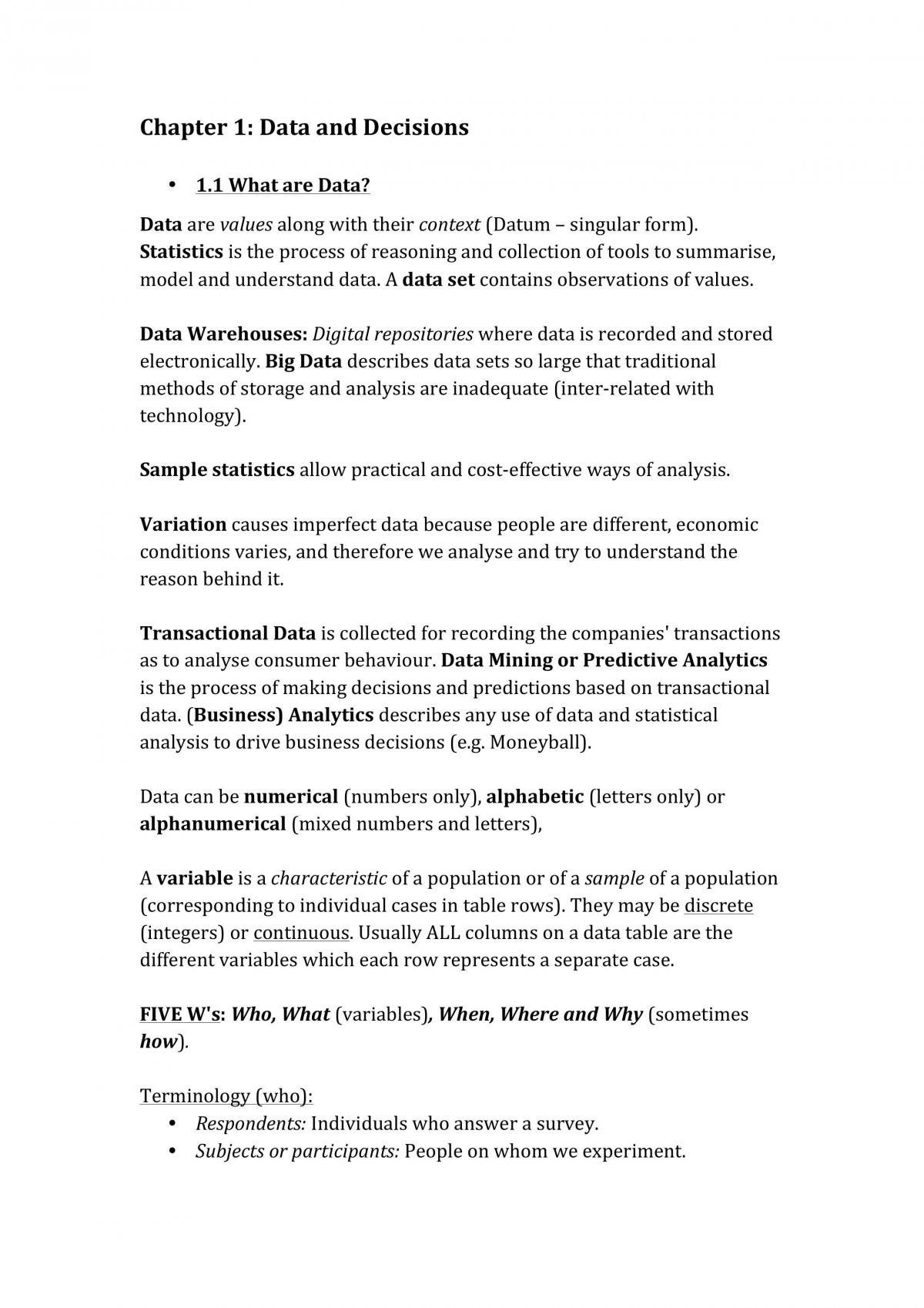 Stats Notes - Data & Decision + Regression - Page 1