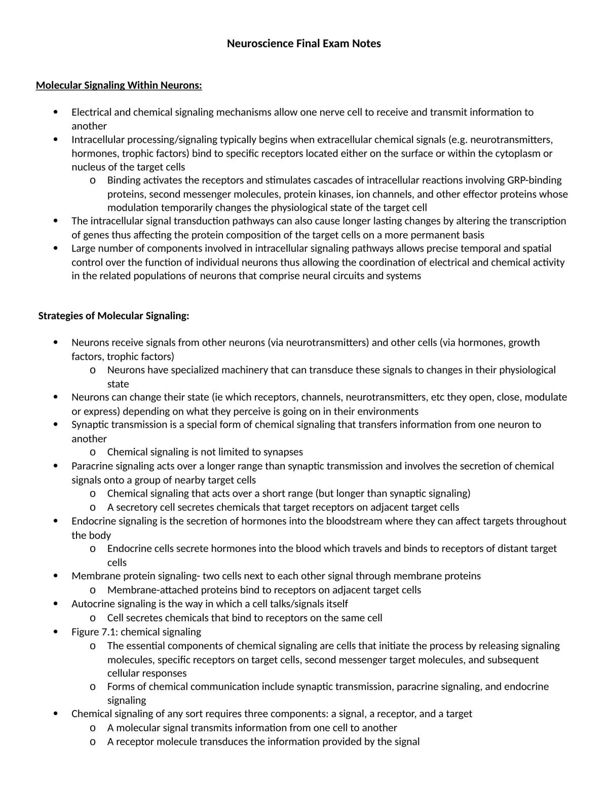Neuroscience Final Exam Notes - Page 1