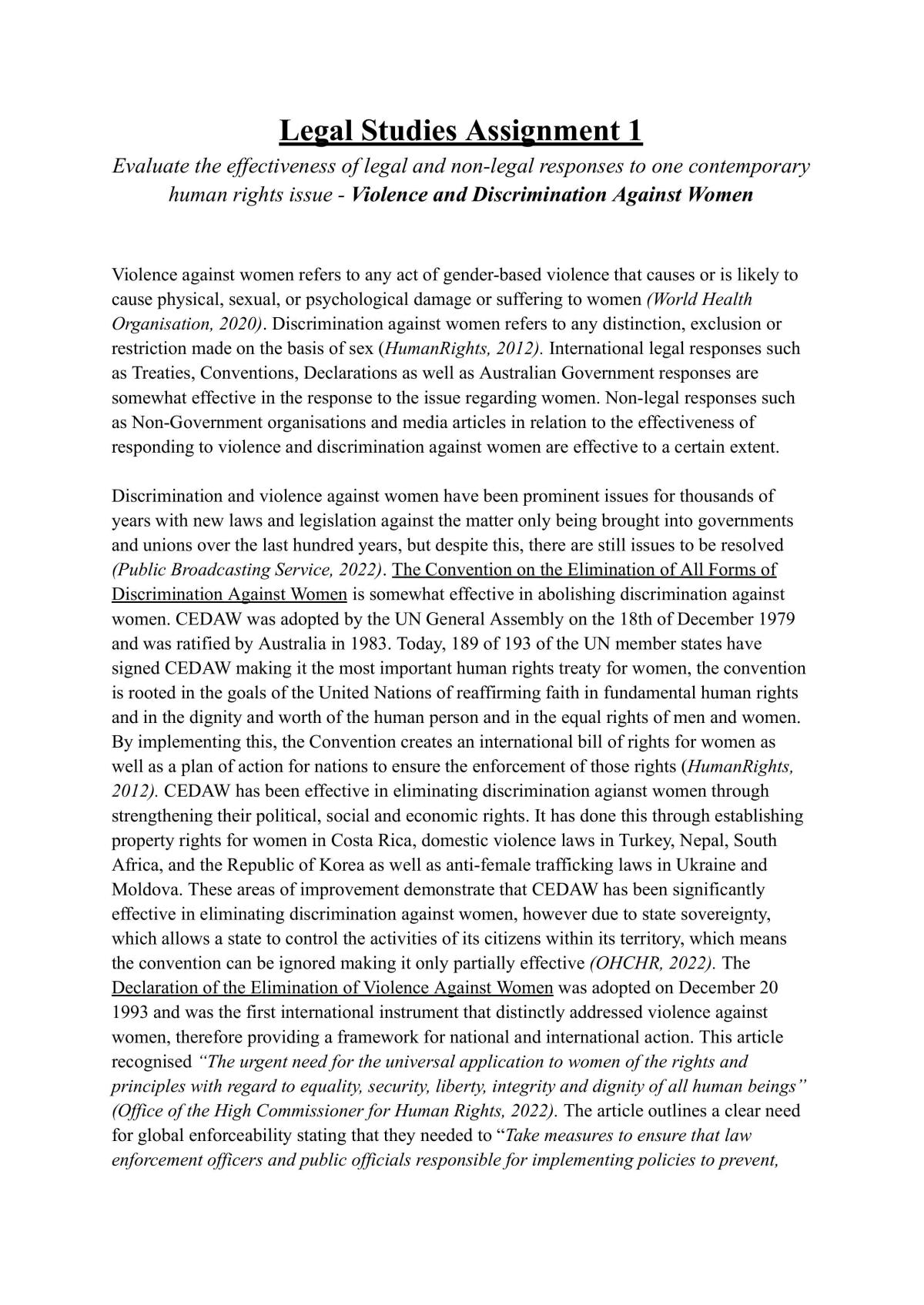Legal Studies Essay on Violence and Discrimination Against Women - Page 1