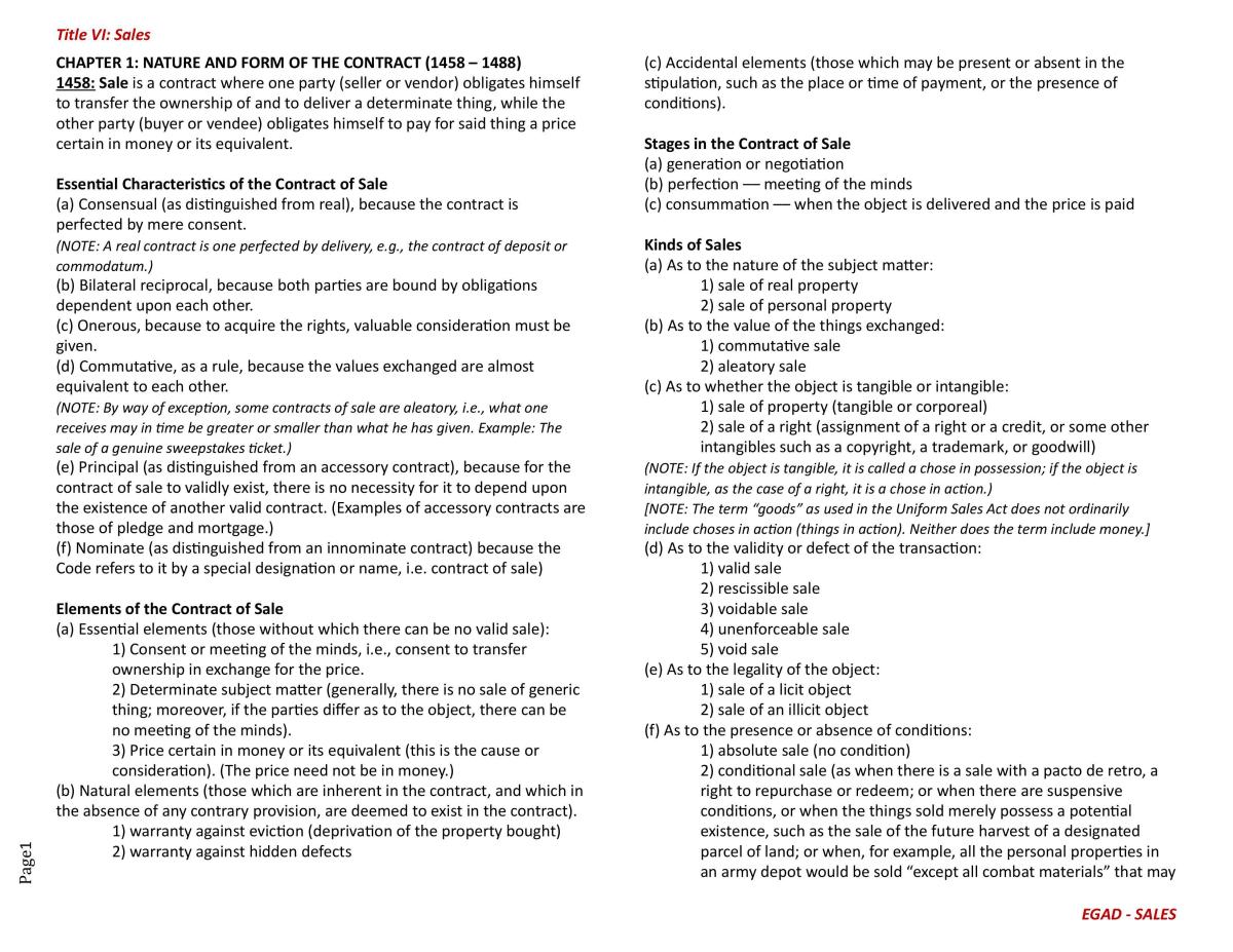 Sales Law Notes - Page 1