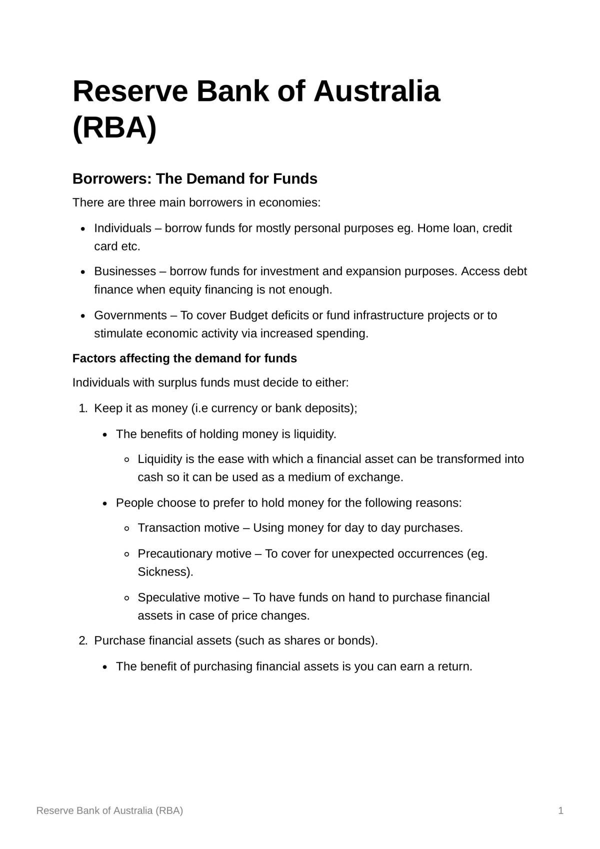 Prelim Eco Topic 5 - RBA Notes - Page 1