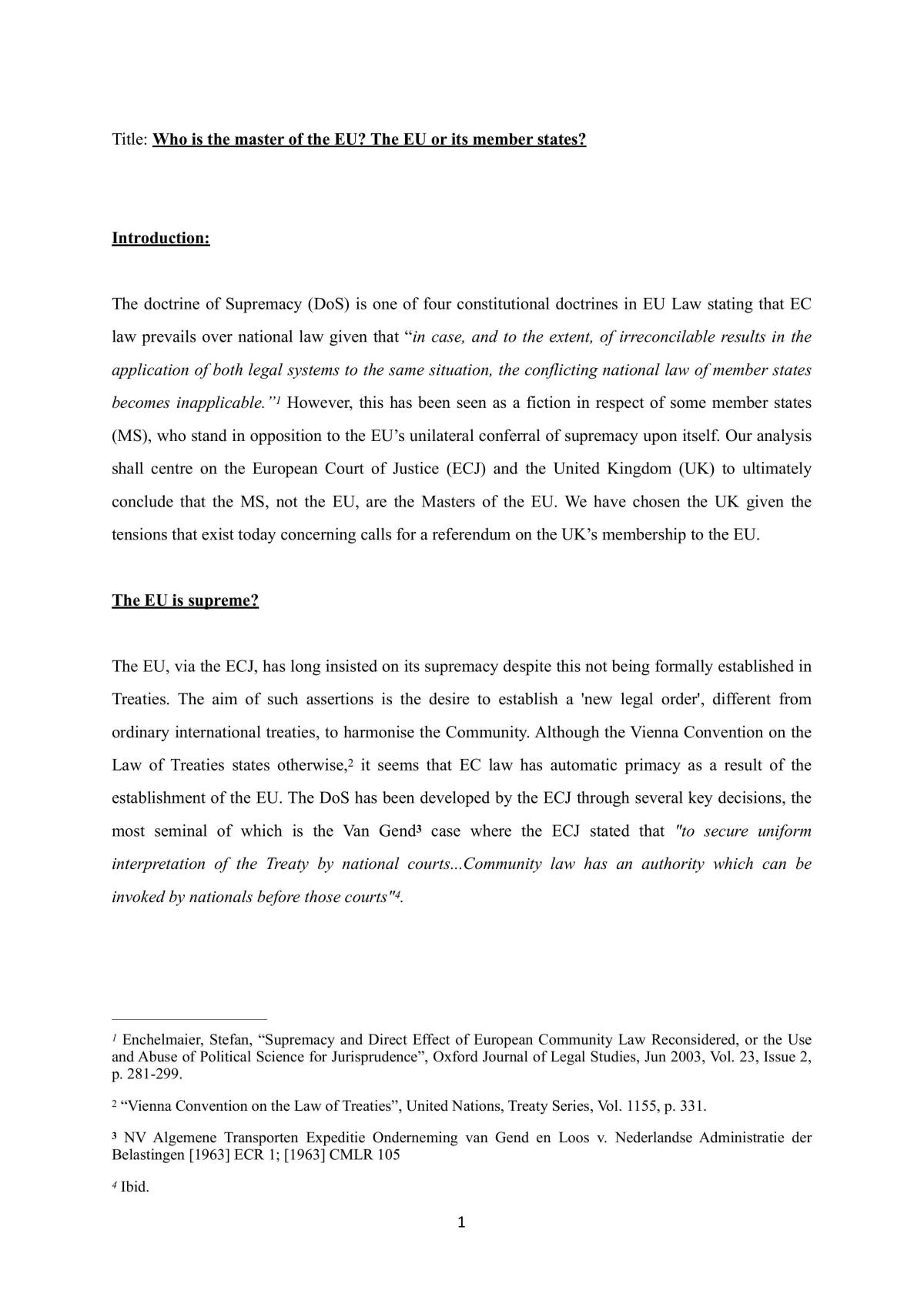 EU law essay on supermacy  - Page 1