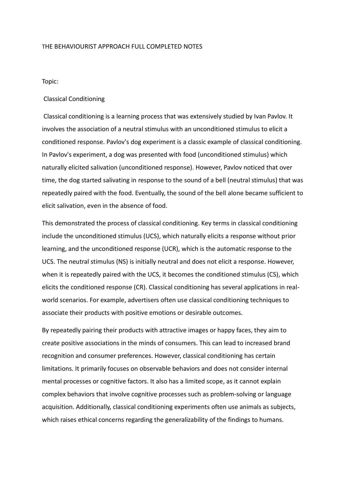 The Behaviourist Approach Full completed notes - Page 1