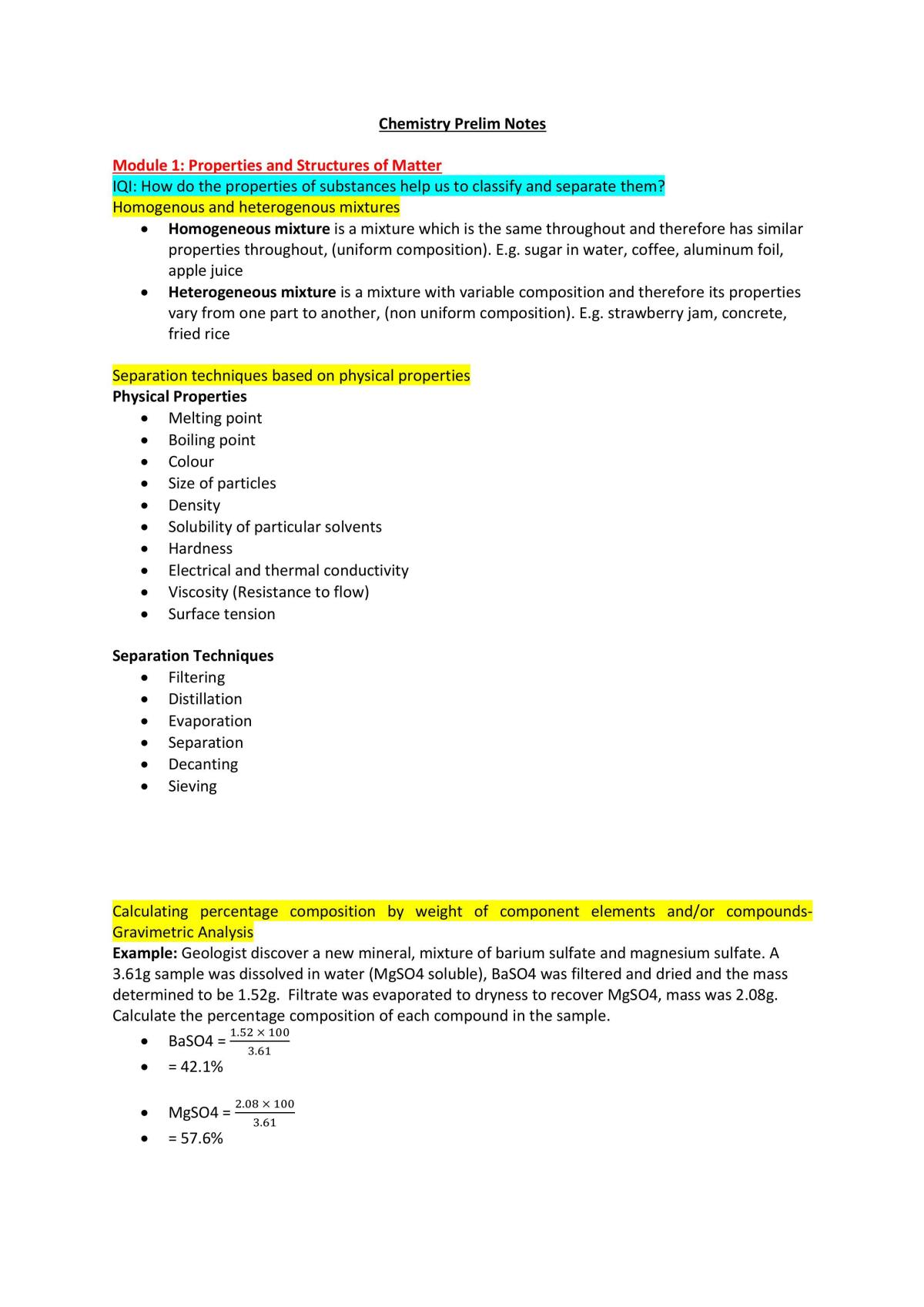 Year 11 Chemistry Preliminary Notes - Page 1