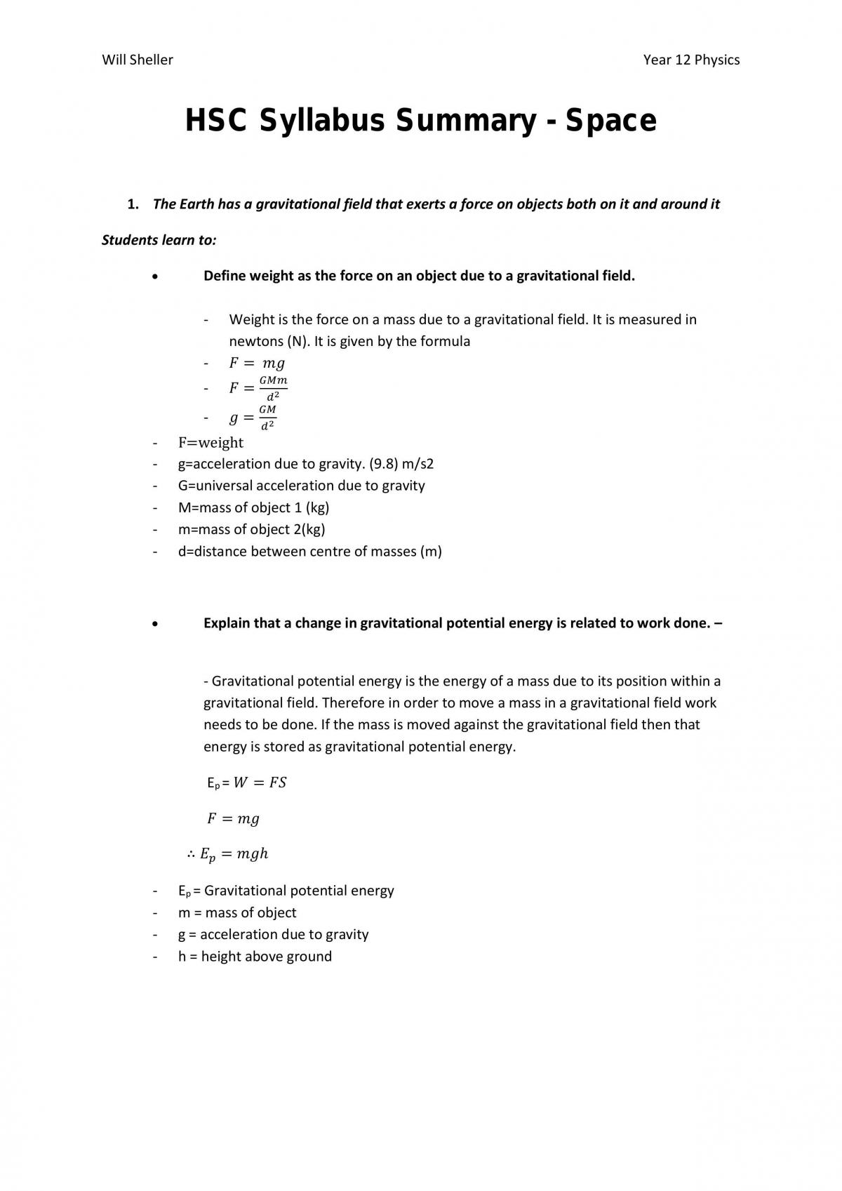 Y12 Physics Space Notes - Page 1