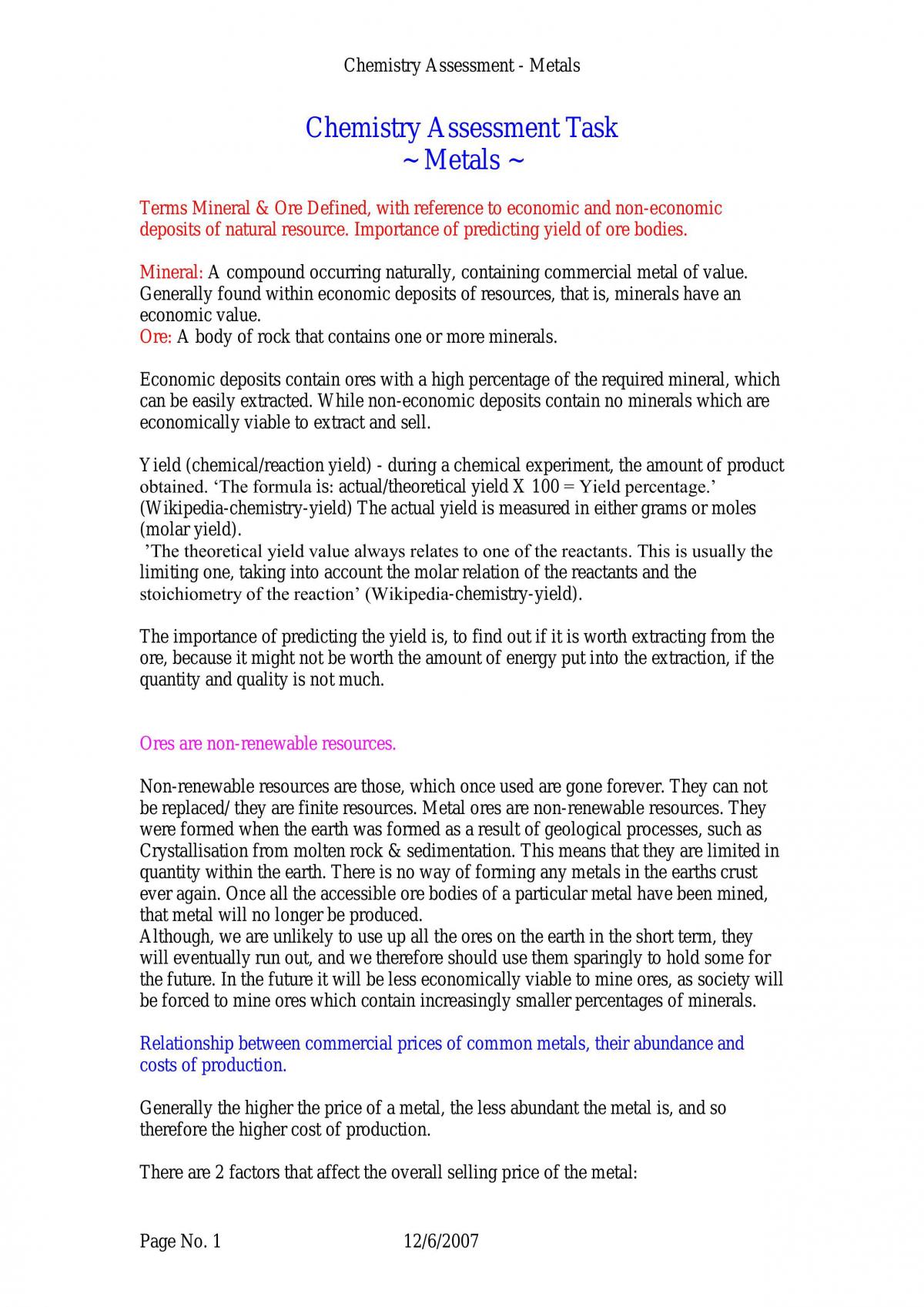 Chemistry Metals Assessment Task - Page 1