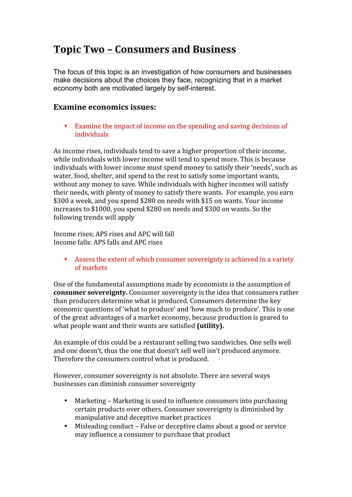 Topic Two - Consumers and Business Syllabus Dot-Point Notes - Page 1