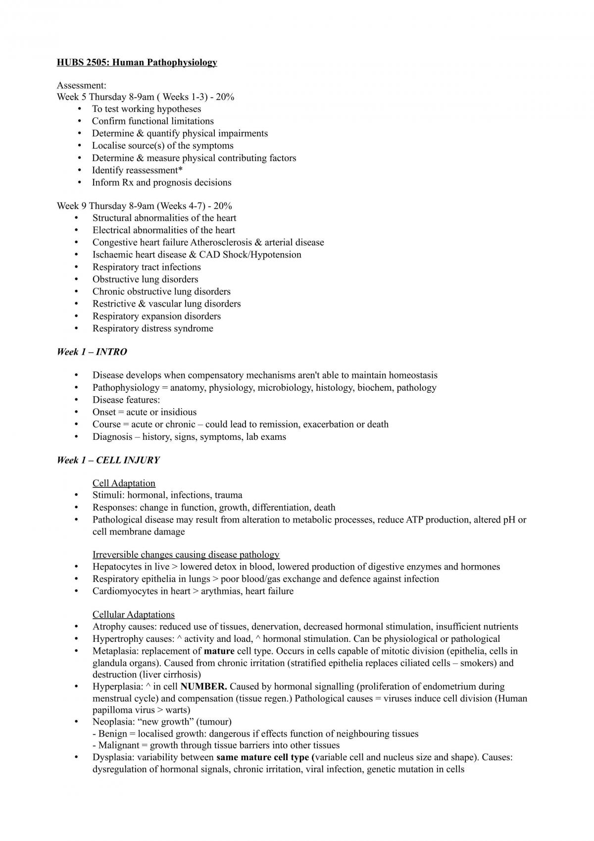 HUBS 2505 Pathophysiology - Page 1