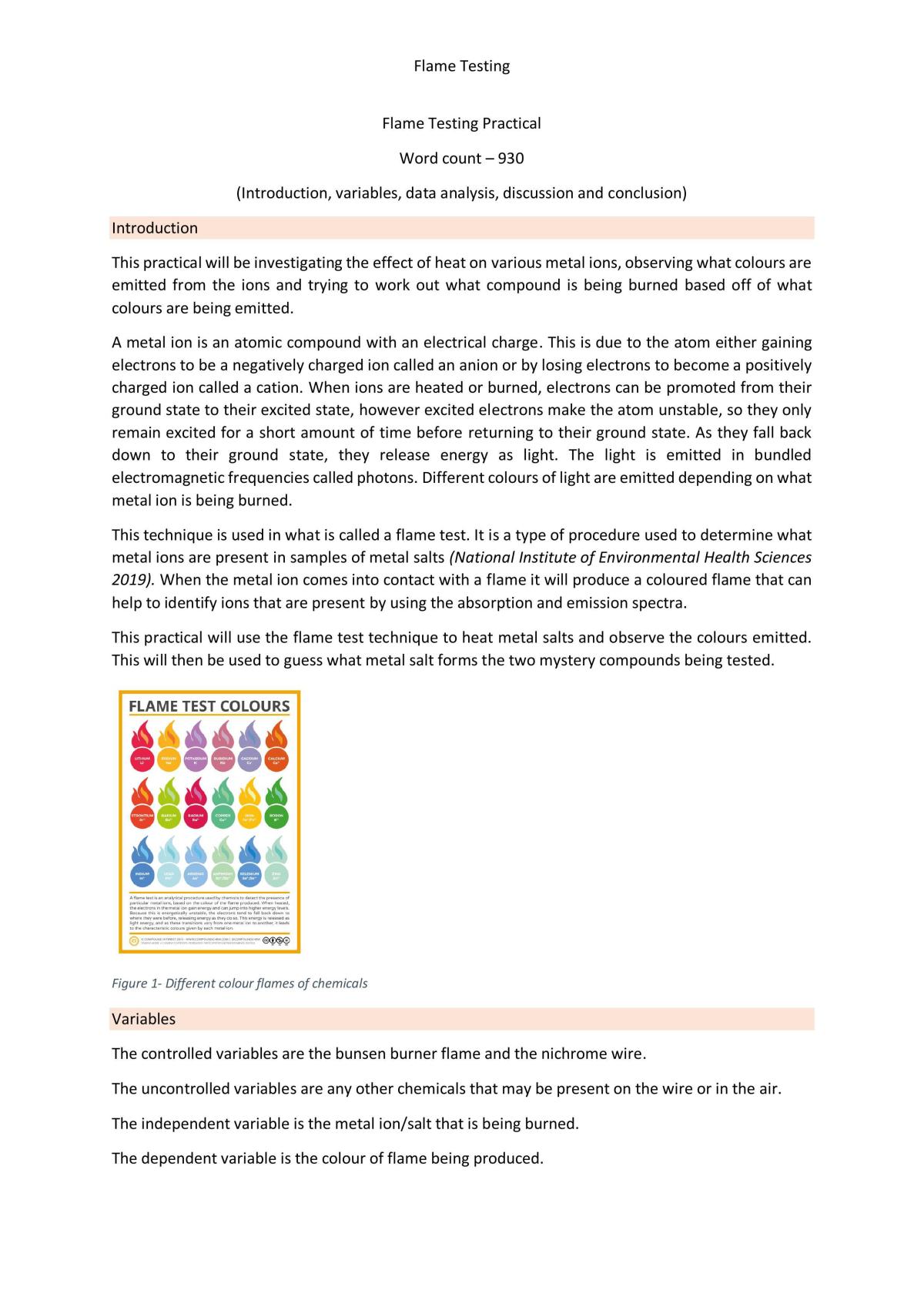 Stage 1 Chem Flame Testing Prac Report - Page 1