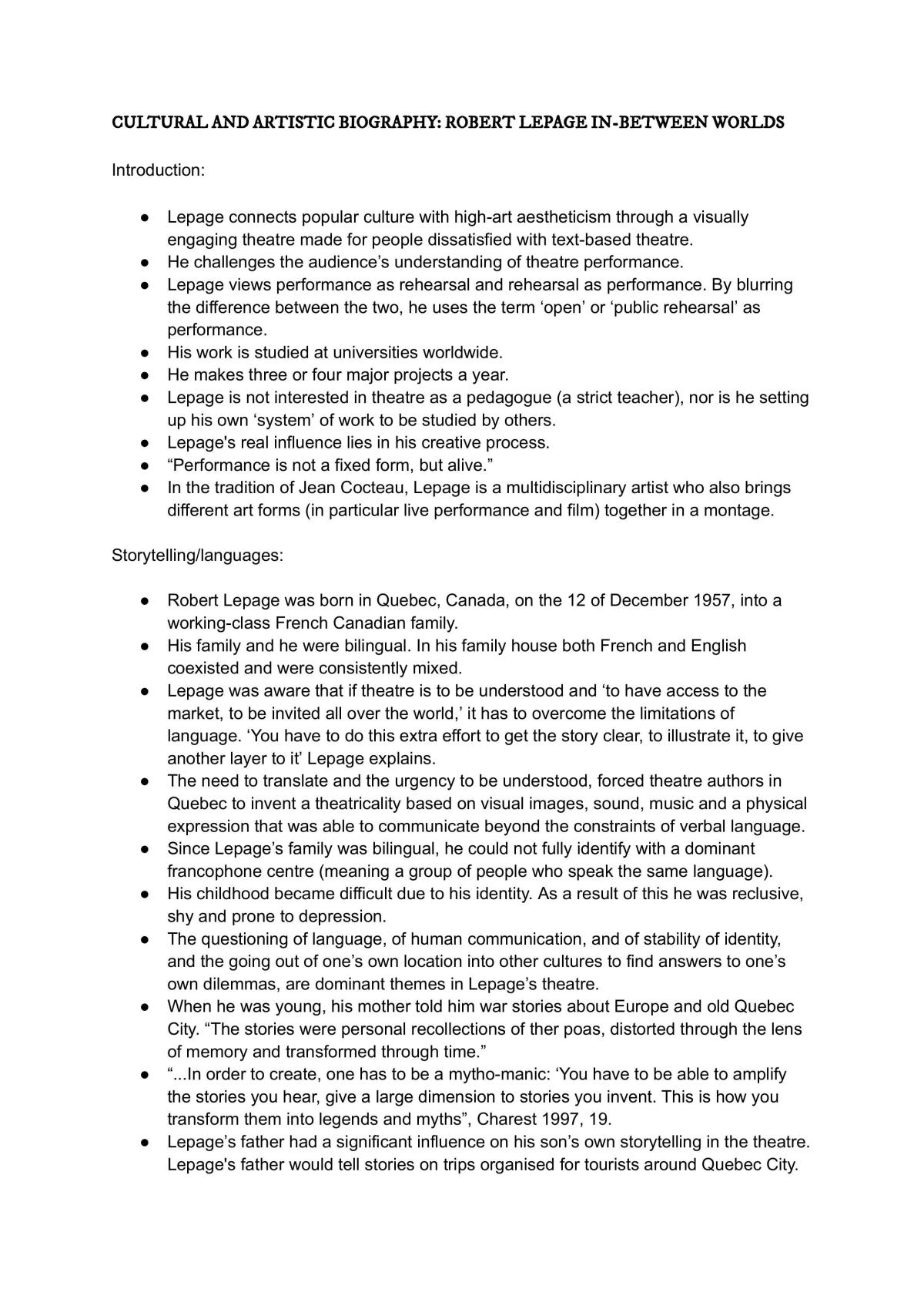Robert LePage Study Notes - Page 1