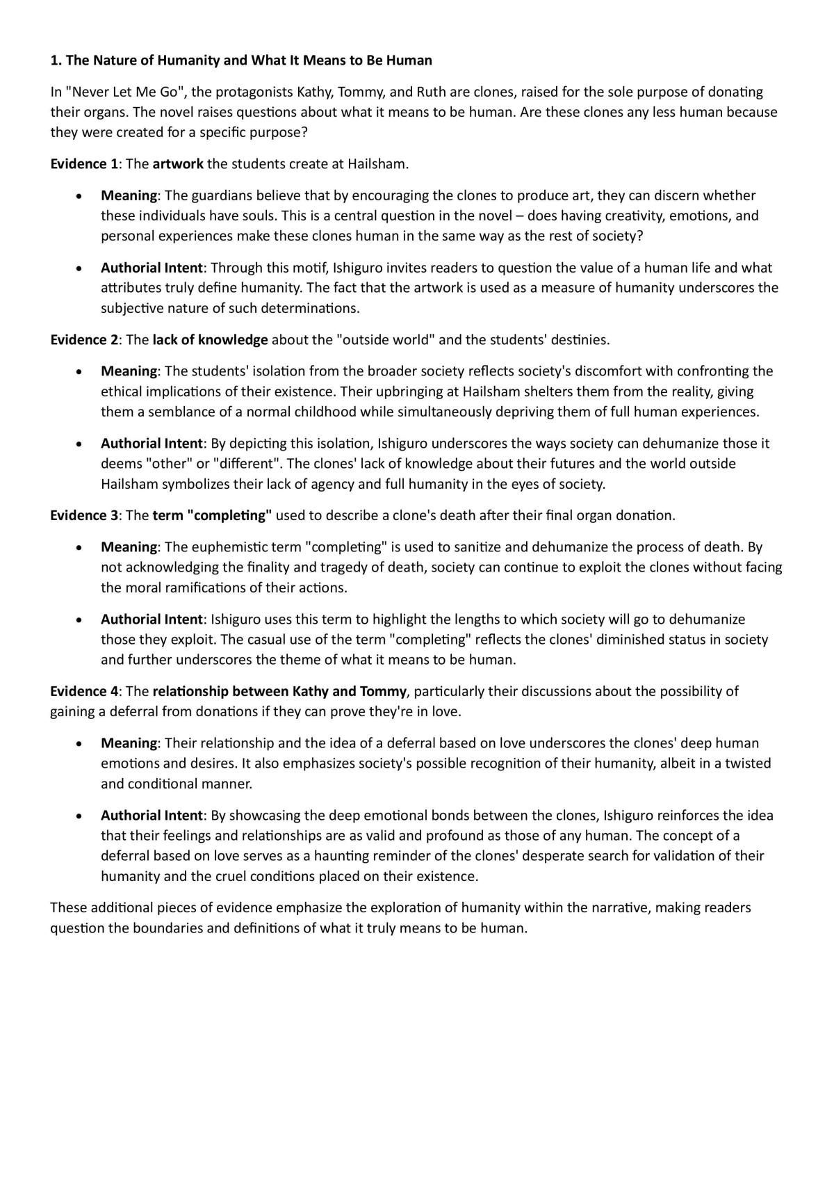 Never Let Me Go External Assessment Theme Summaries | English - Year 12 ...