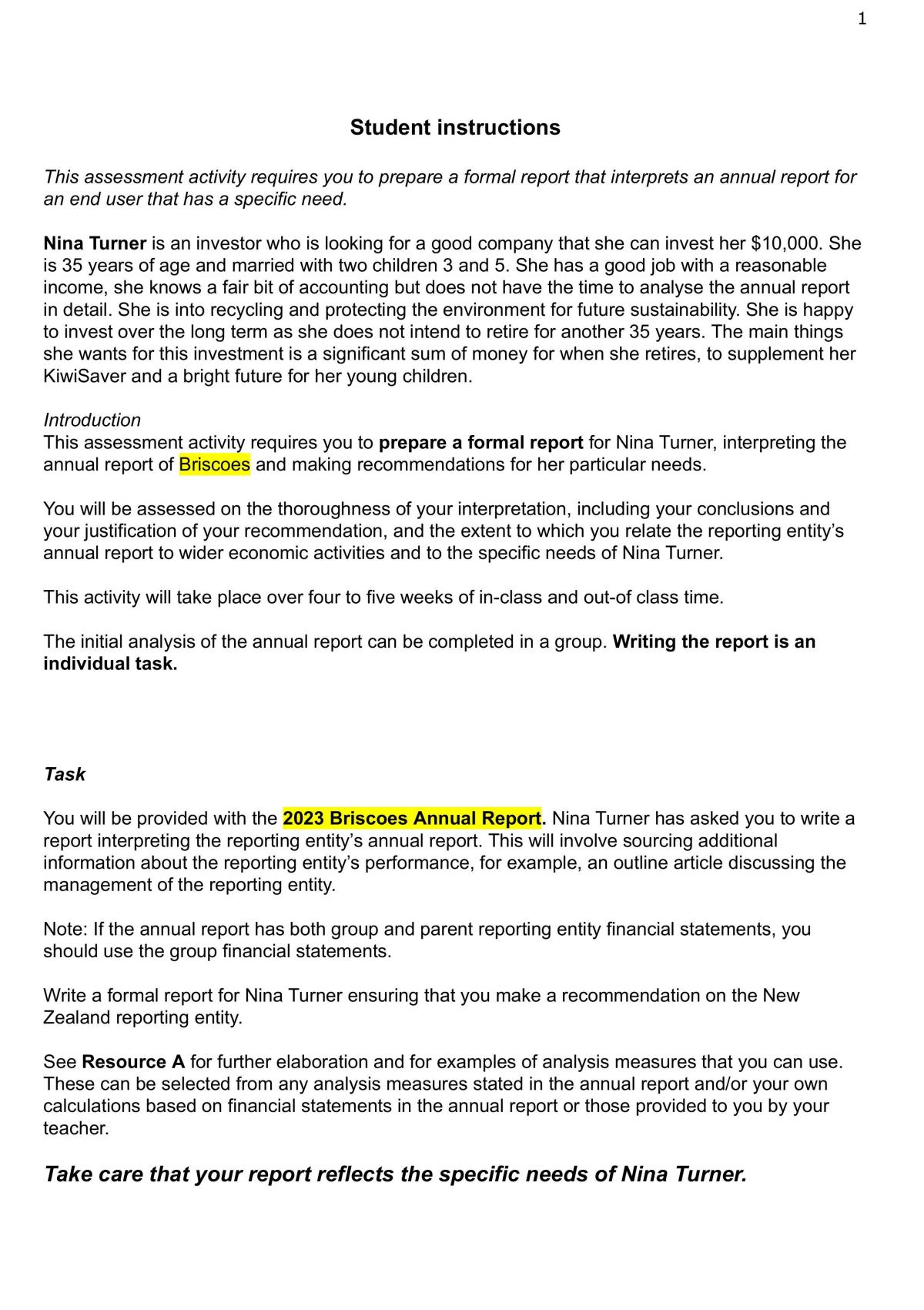 NCEA Accounting 3.4 Interpret an Annual Report  - Page 1