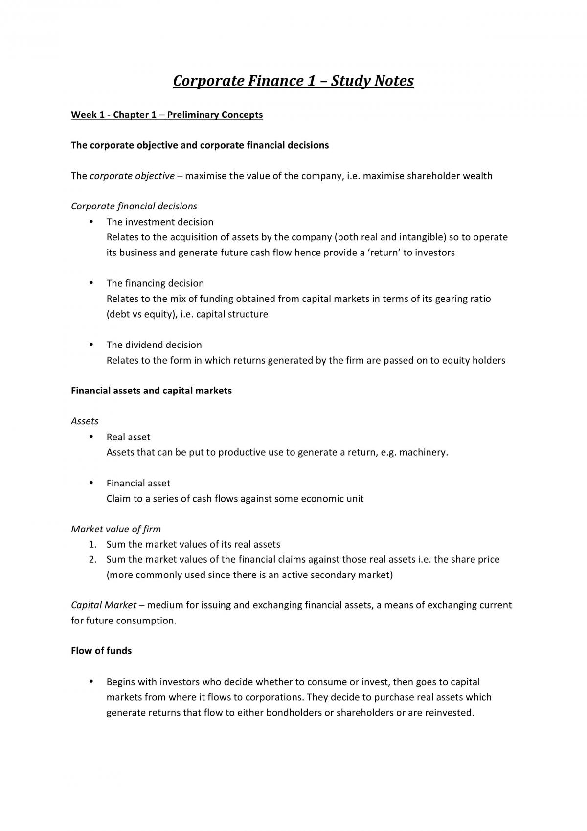 Corporate Finance I Study Notes - Page 1