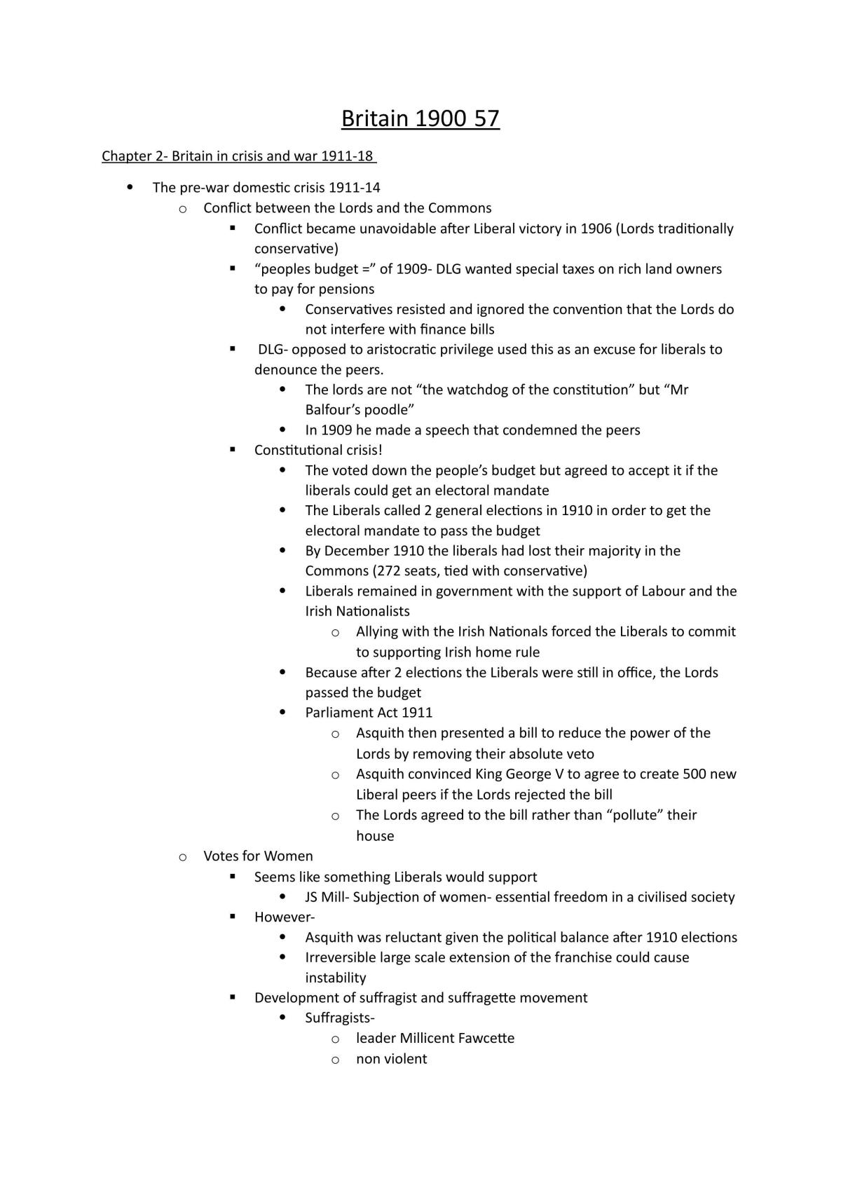 Britain in crisis at war 1911-1918 Notes - Page 1