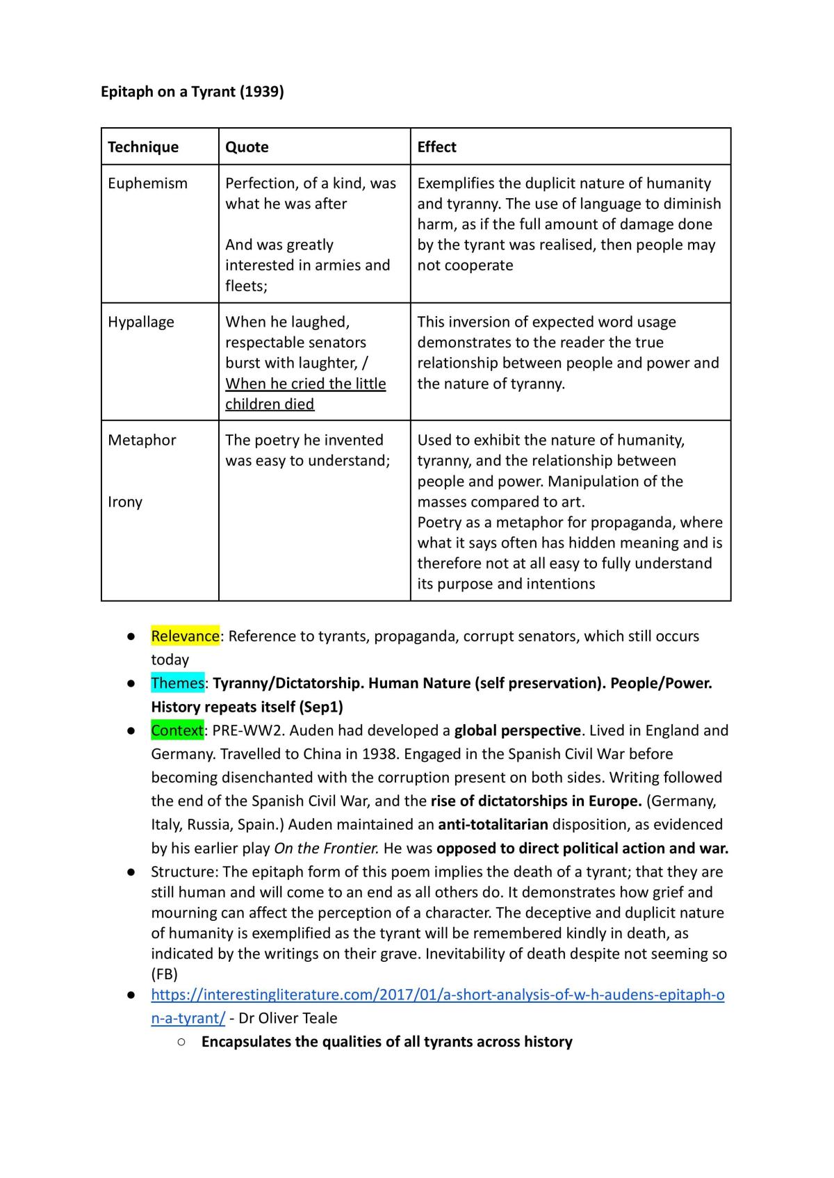 Analysis for Module B: WH Auden (including techniques) - Page 1