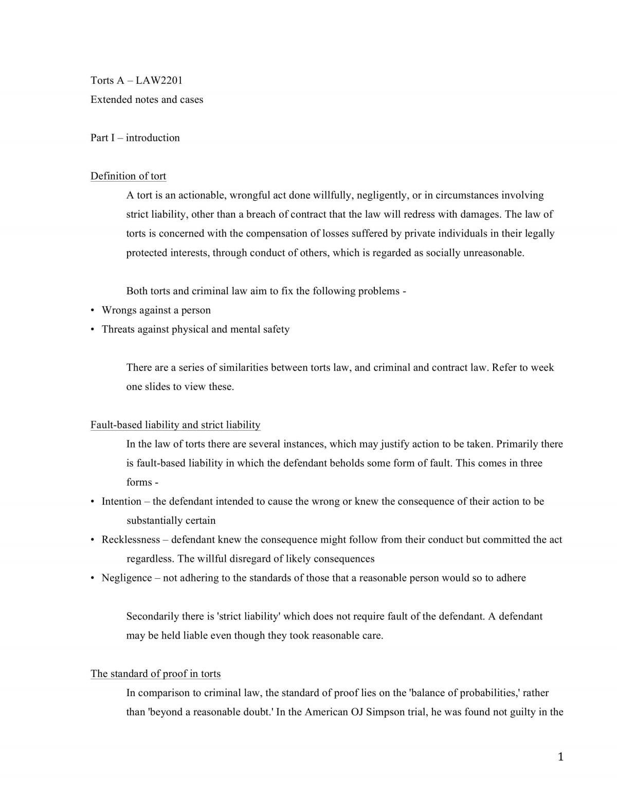LAW2201 Torts A Full Notes - Page 1