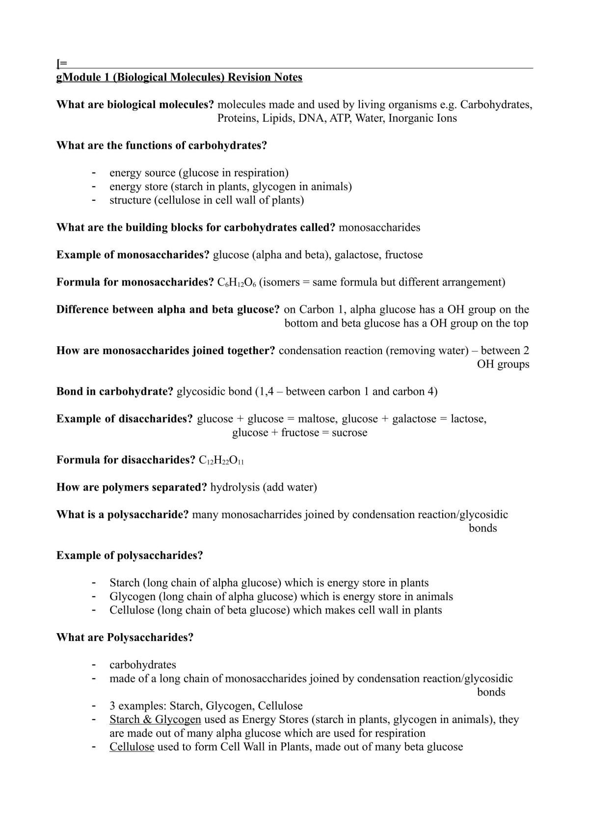 Module 1 (Biological Molecules) Revision Notes - Page 1