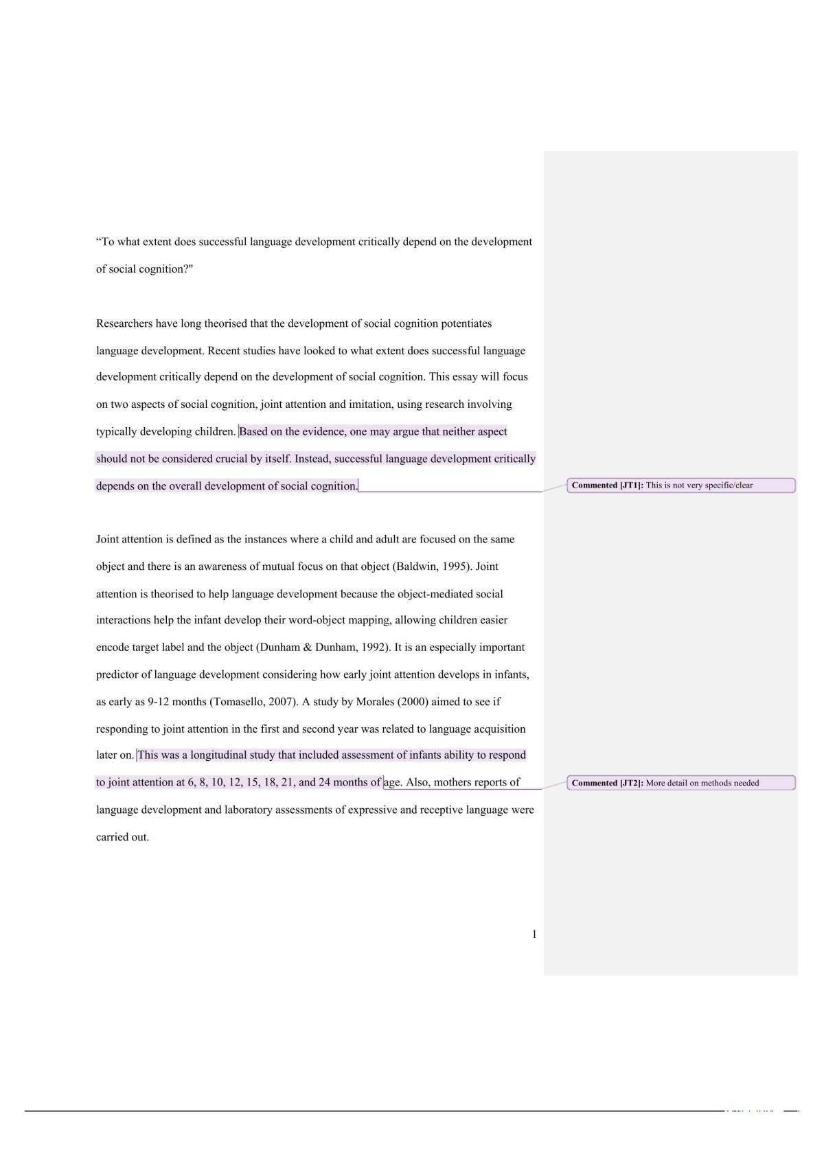 To what extent does successful language development critically depend on the development of social cognition? - Page 1