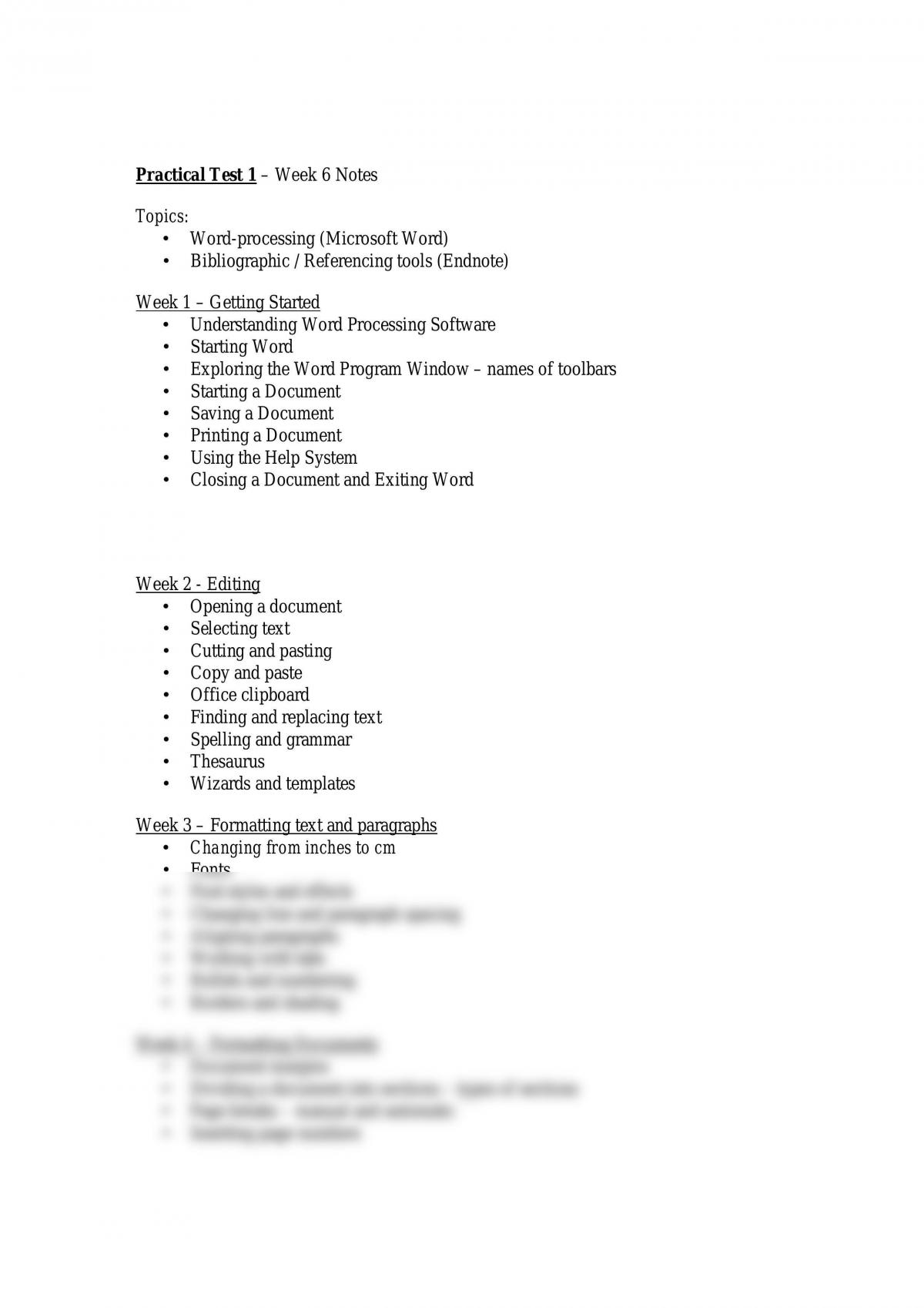 Practical Test 1 Week 6 Notes Topics: Word-Processing /Bibliographic / Referencing Tools (Endnote)  - Page 1